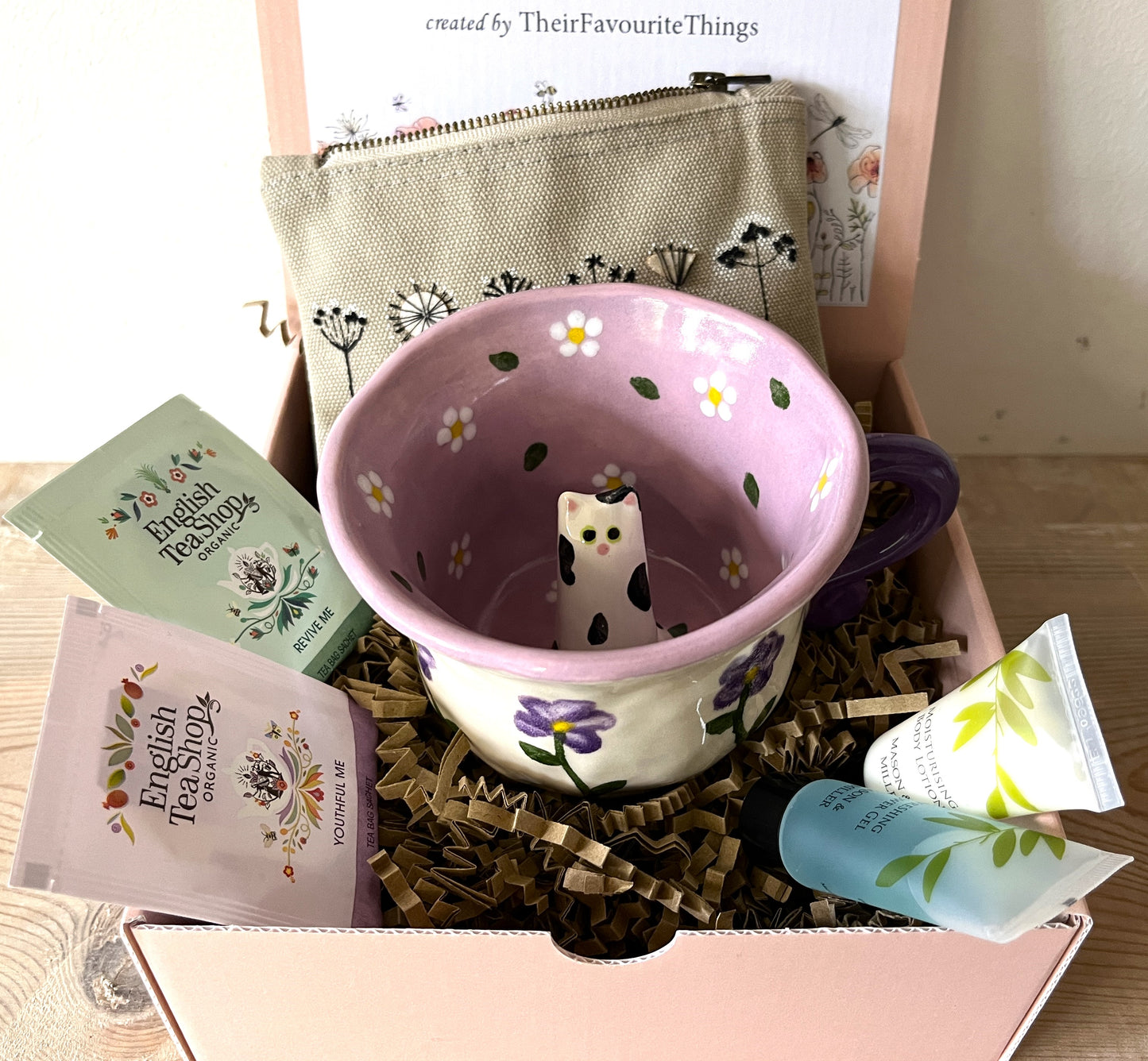 Millie's Pottery Purple Flower and Little Daisies with Peek-a-boo Black and White Cat Gift Set