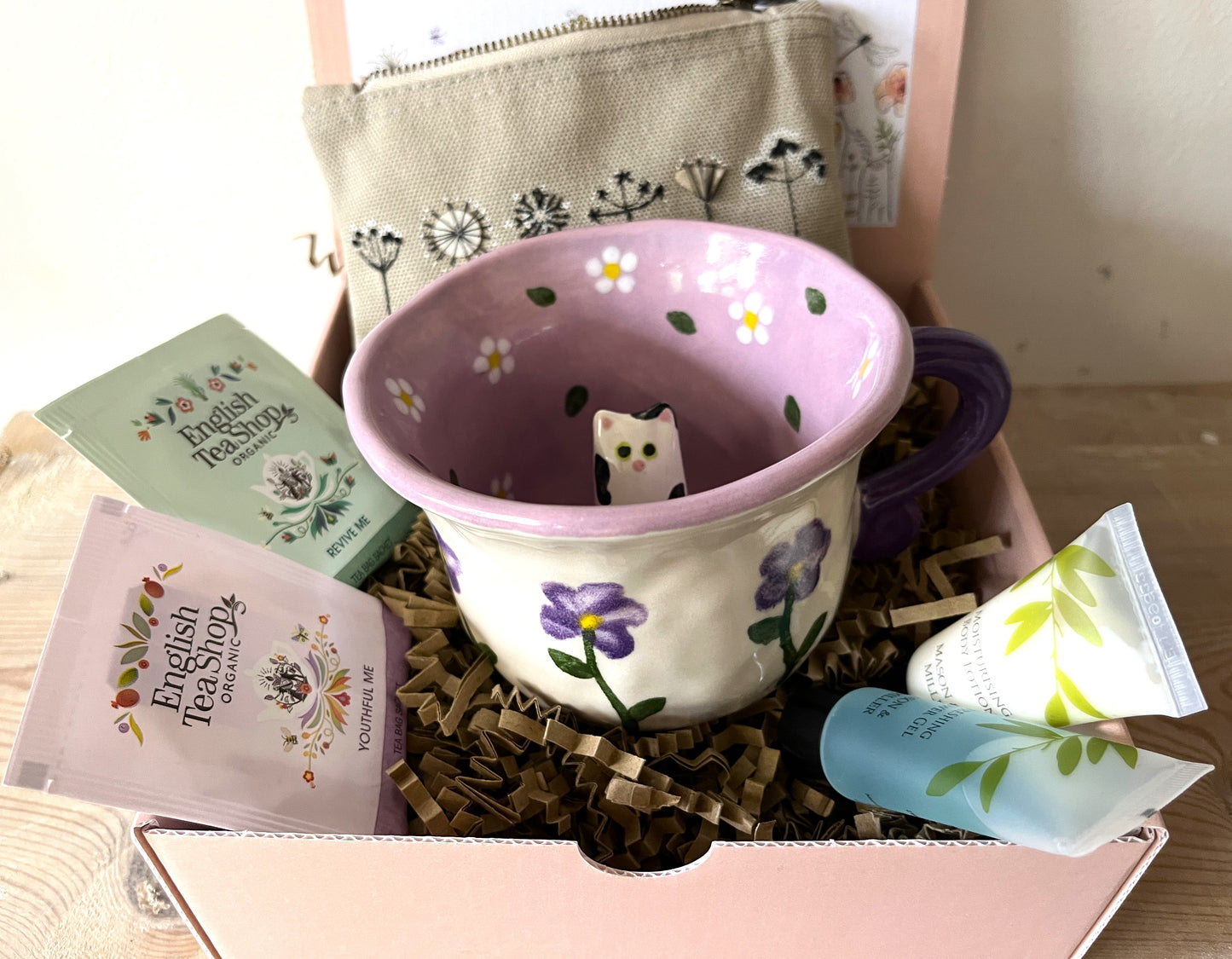 Millie's Pottery Purple Flower and Little Daisies with Peek-a-boo Black and White Cat Gift Set