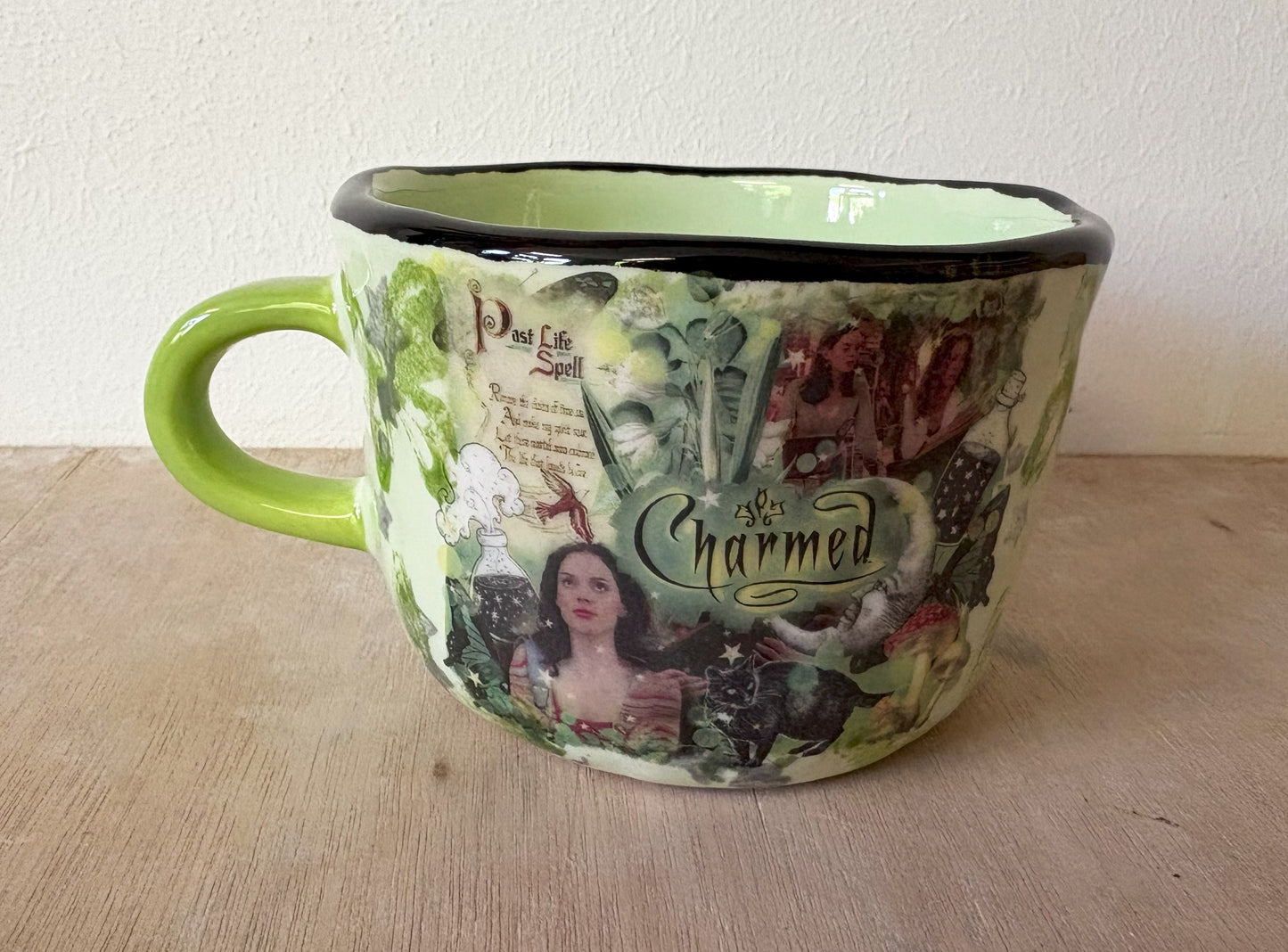 Millie's Pottery Hand Made Green and Black Charmed Spells Mug