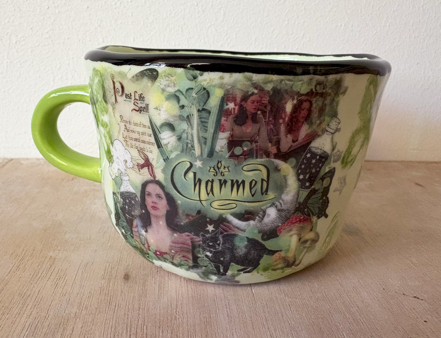 Millie's Pottery Hand Made Green and Black Charmed Spells Mug