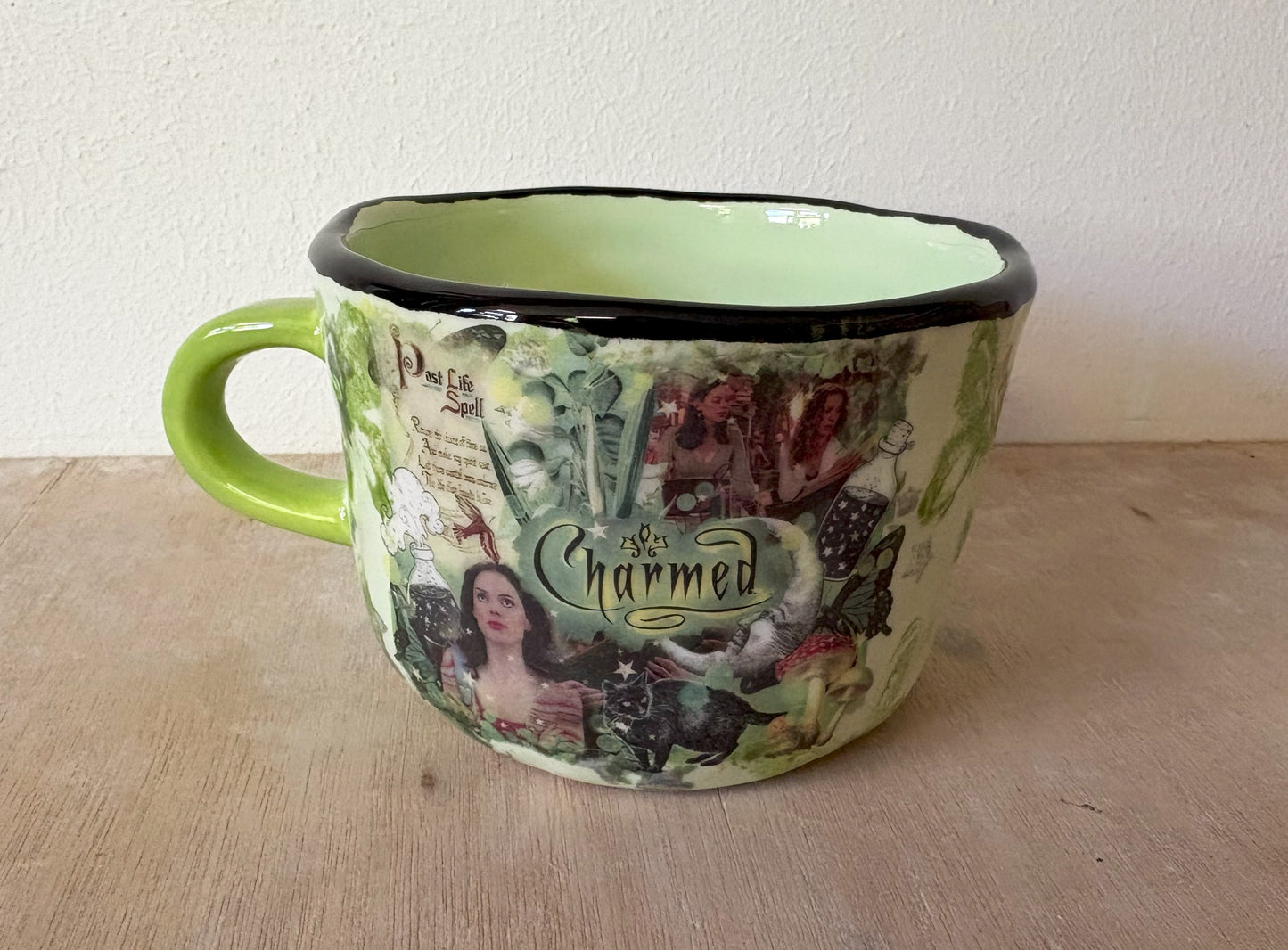 Millie's Pottery Hand Made Green and Black Charmed Spells Mug
