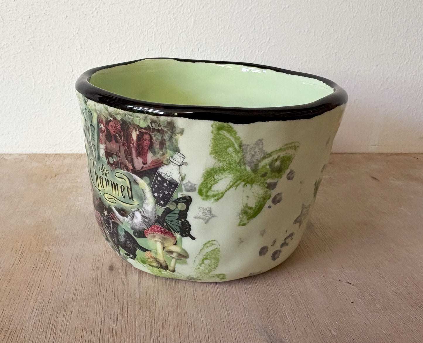 Millie's Pottery Hand Made Green and Black Charmed Spells Mug