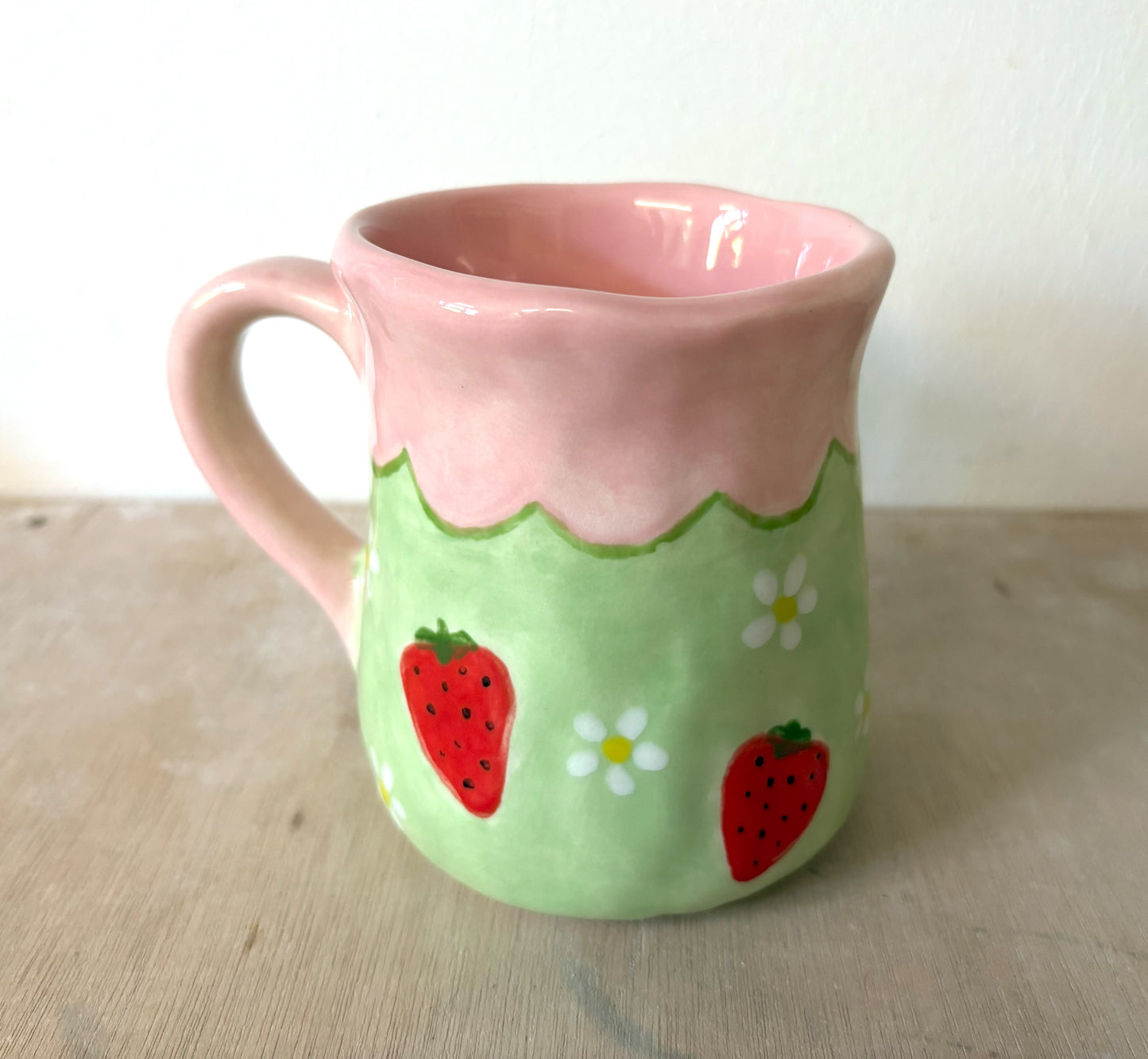 Millie's Pottery Large Tulip Pink and Green Strawberry and Daisy Hand Painted Mug
