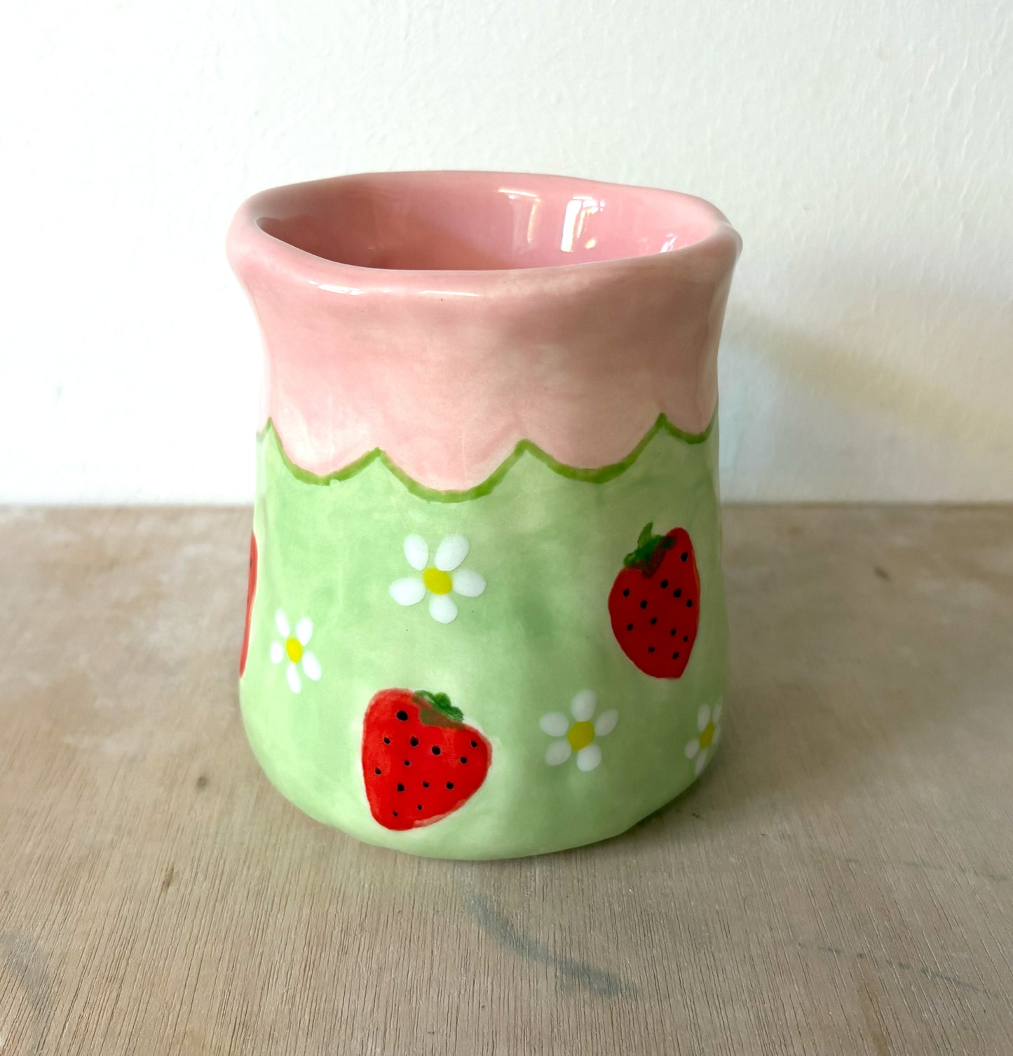 Millie's Pottery Large Tulip Pink and Green Strawberry and Daisy Hand Painted Mug