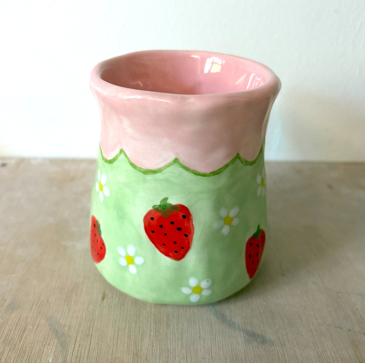 Millie's Pottery Large Tulip Pink and Green Strawberry and Daisy Hand Painted Mug