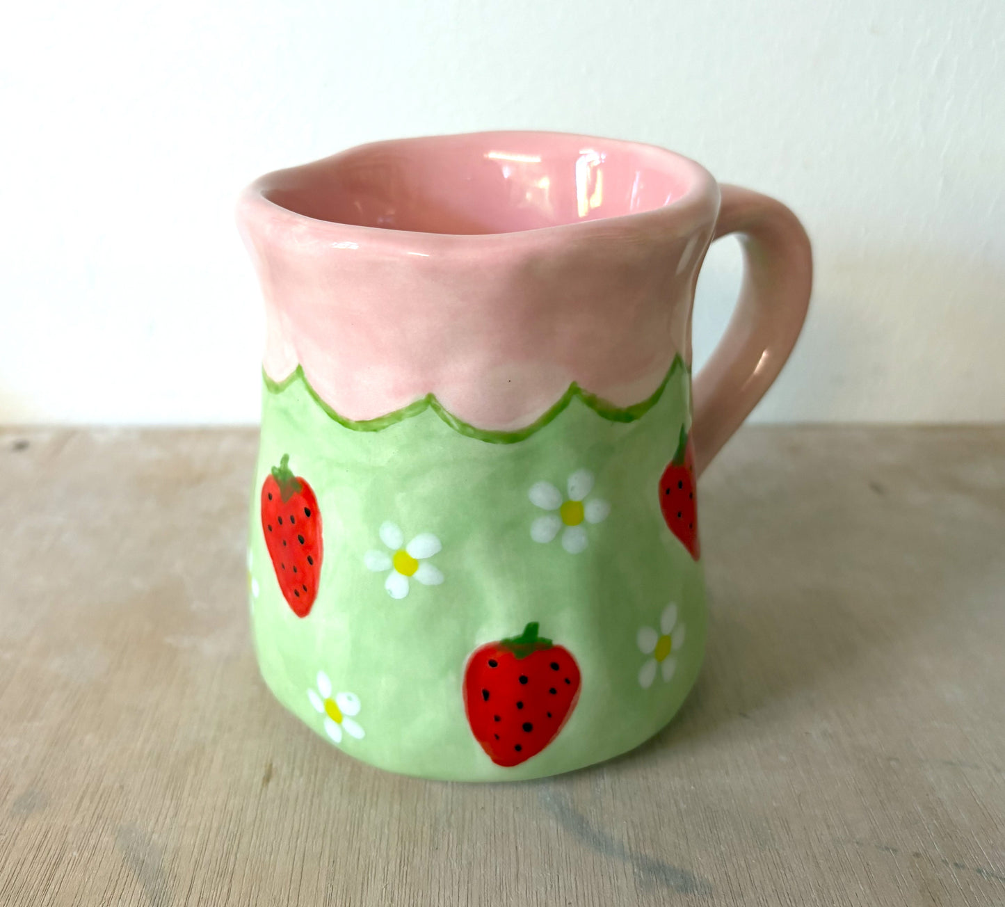 Millie's Pottery Large Tulip Pink and Green Strawberry and Daisy Hand Painted Mug