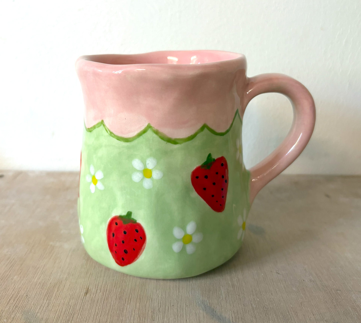 Millie's Pottery Large Tulip Pink and Green Strawberry and Daisy Hand Painted Mug