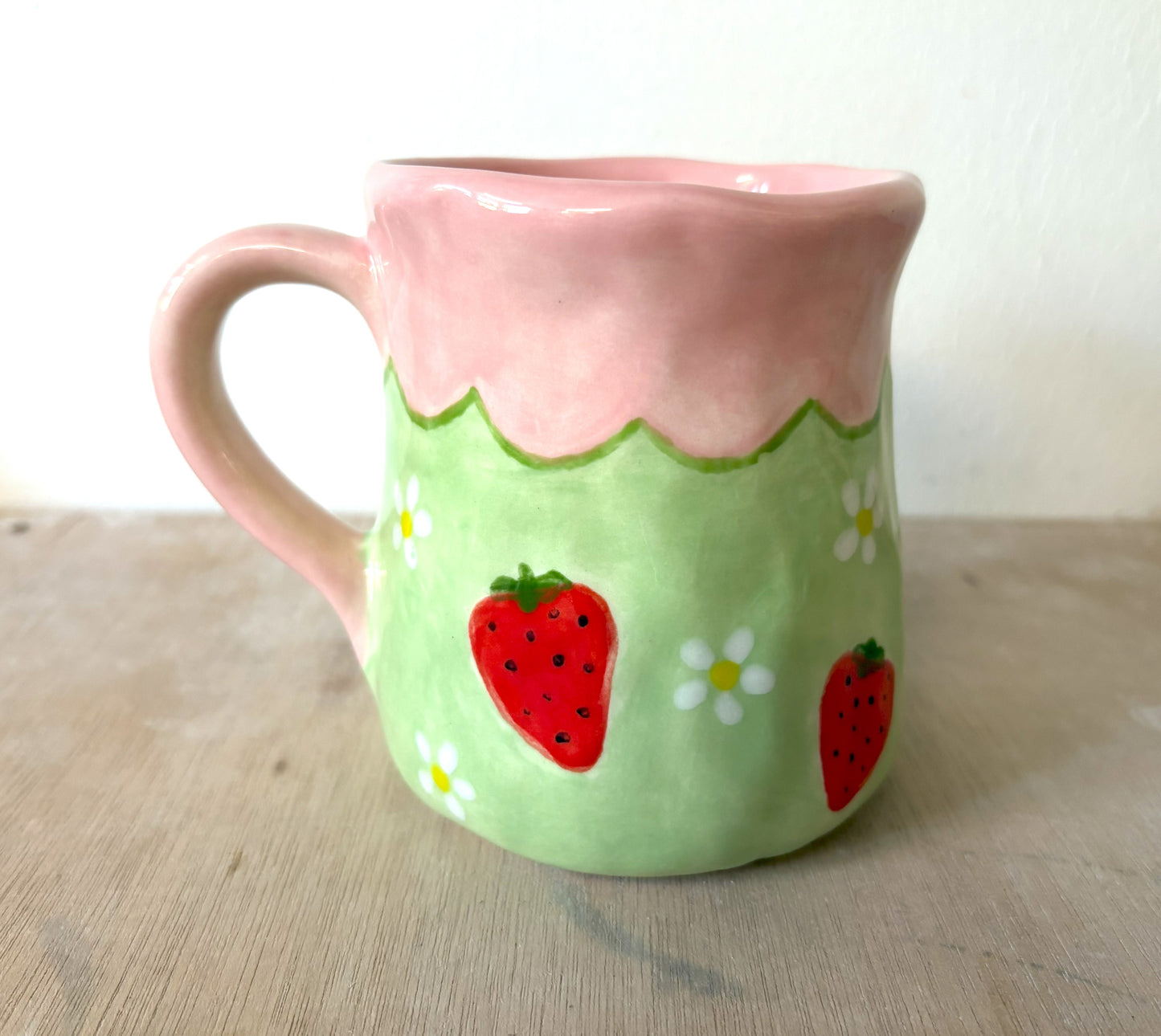Millie's Pottery Large Tulip Pink and Green Strawberry and Daisy Hand Painted Mug