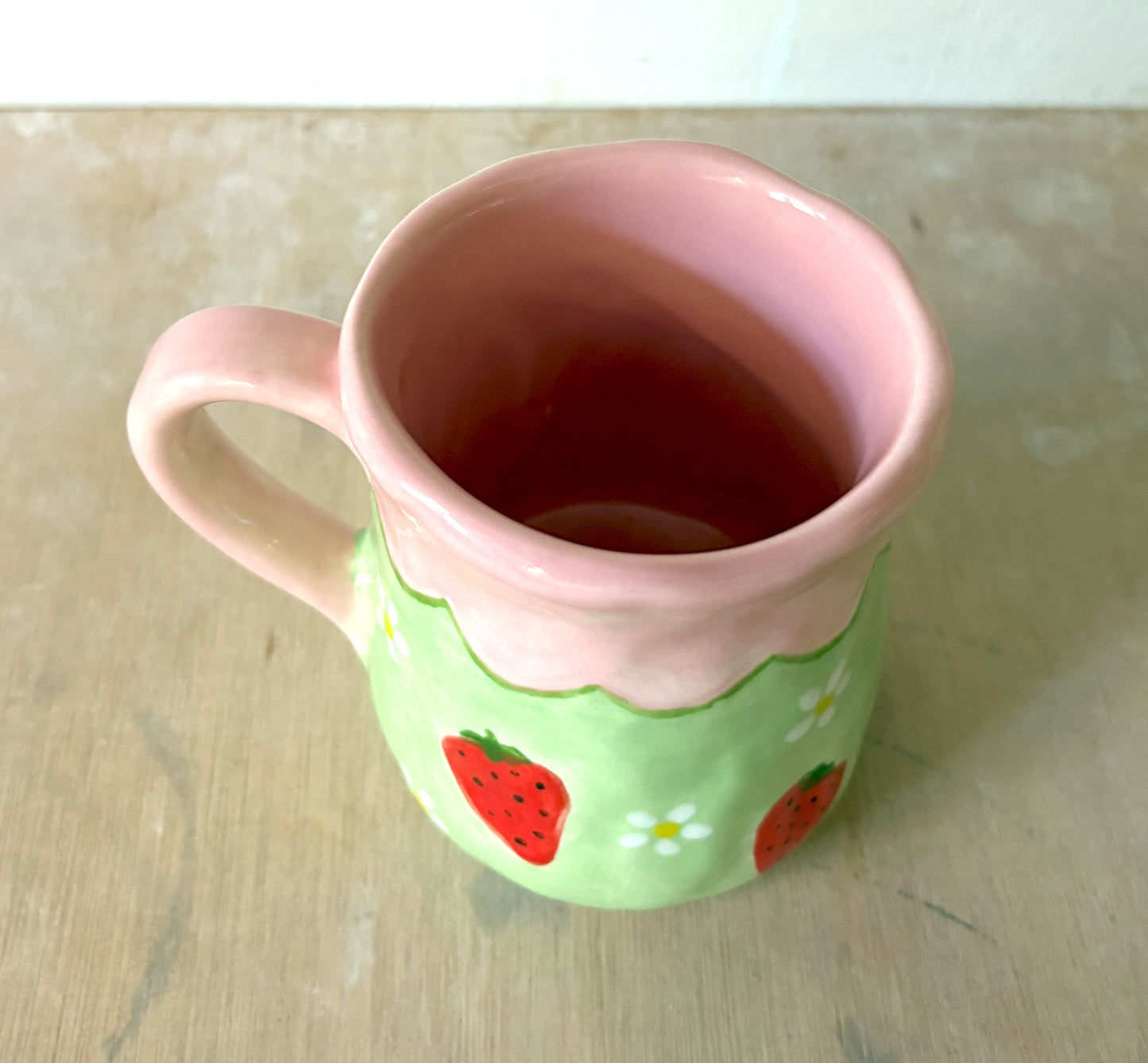 Millie's Pottery Large Tulip Pink and Green Strawberry and Daisy Hand Painted Mug