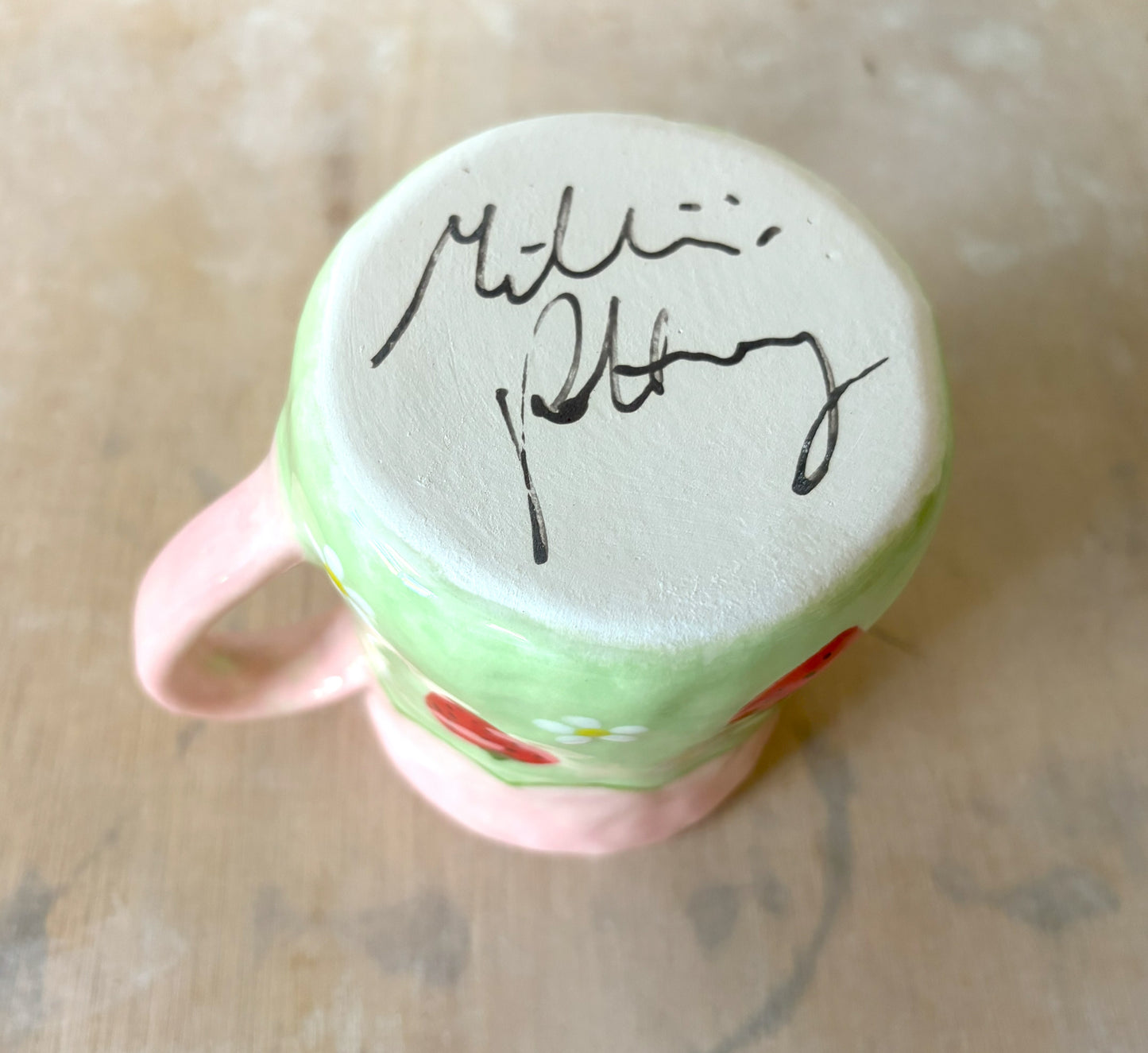 Millie's Pottery Large Tulip Pink and Green Strawberry and Daisy Hand Painted Mug