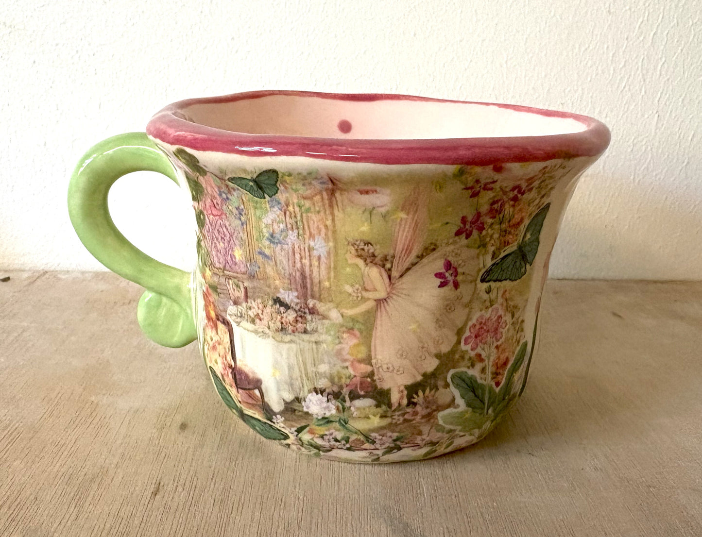 Millie's Pottery Large Pink Fairy Tea Party Scroll Handle Mug