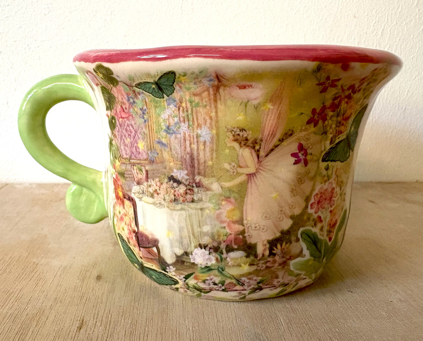 Millie's Pottery Large Pink Fairy Tea Party Scroll Handle Mug