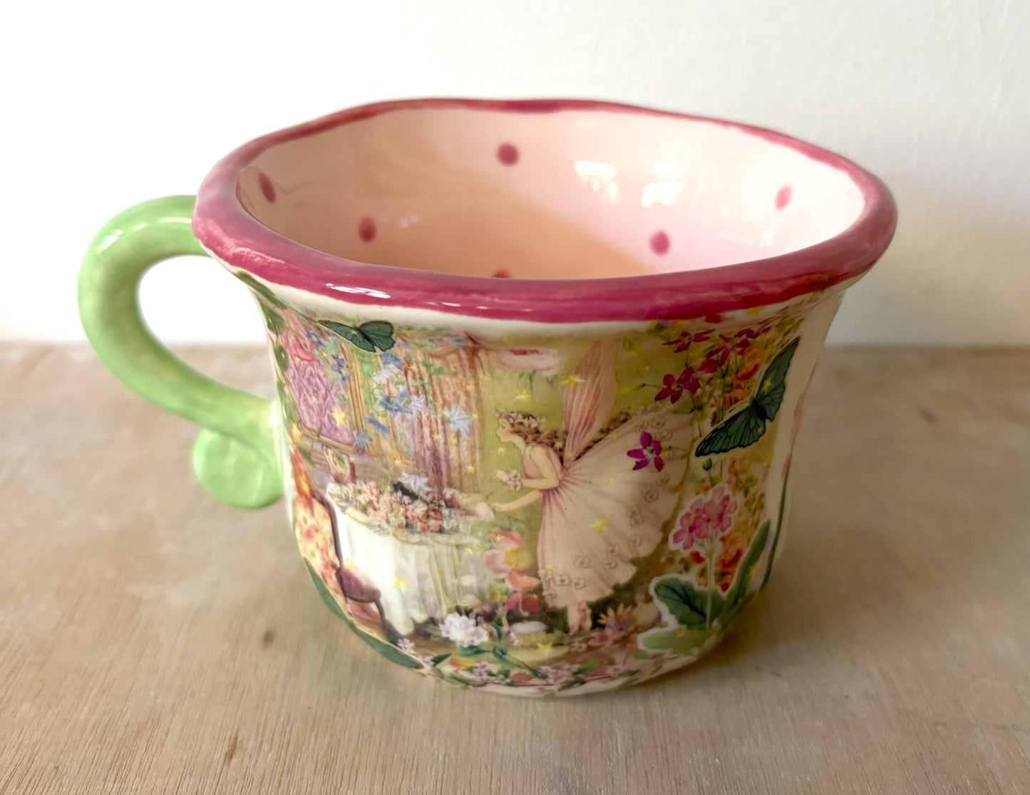 Millie's Pottery Large Pink Fairy Tea Party Scroll Handle Mug