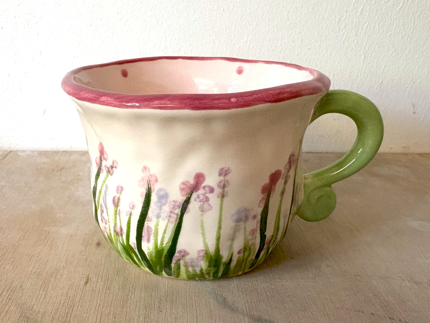 Millie's Pottery Large Pink Fairy Tea Party Scroll Handle Mug