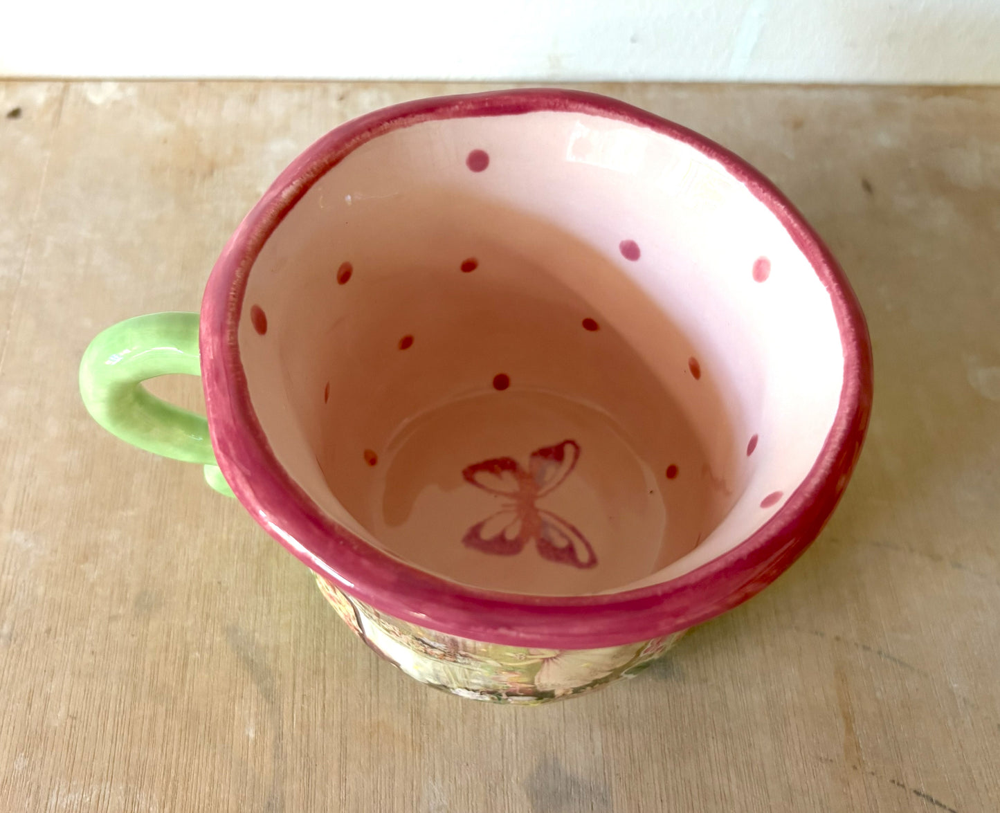 Millie's Pottery Large Pink Fairy Tea Party Scroll Handle Mug