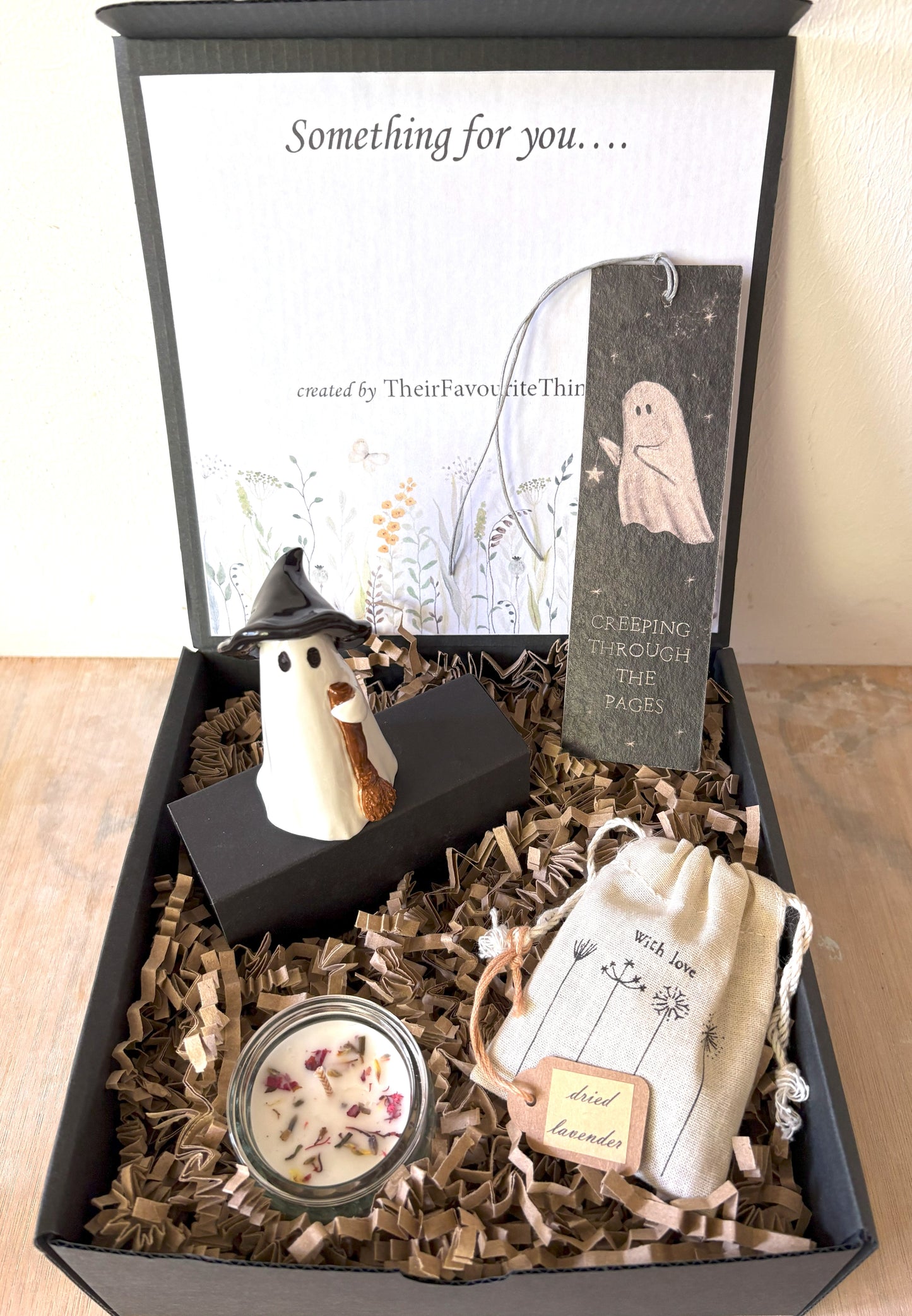 Gift Box with Ghost Witch and Broomstick Halloween Theme Book Mark and Gifts