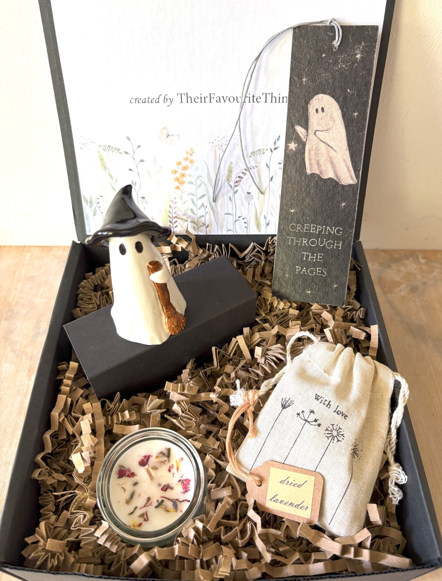 Gift Box with Ghost Witch and Broomstick Halloween Theme Book Mark and Gifts