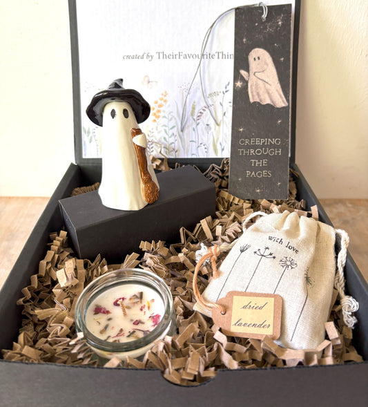 Gift Box with Ghost Witch and Broomstick Halloween Theme Book Mark and Gifts