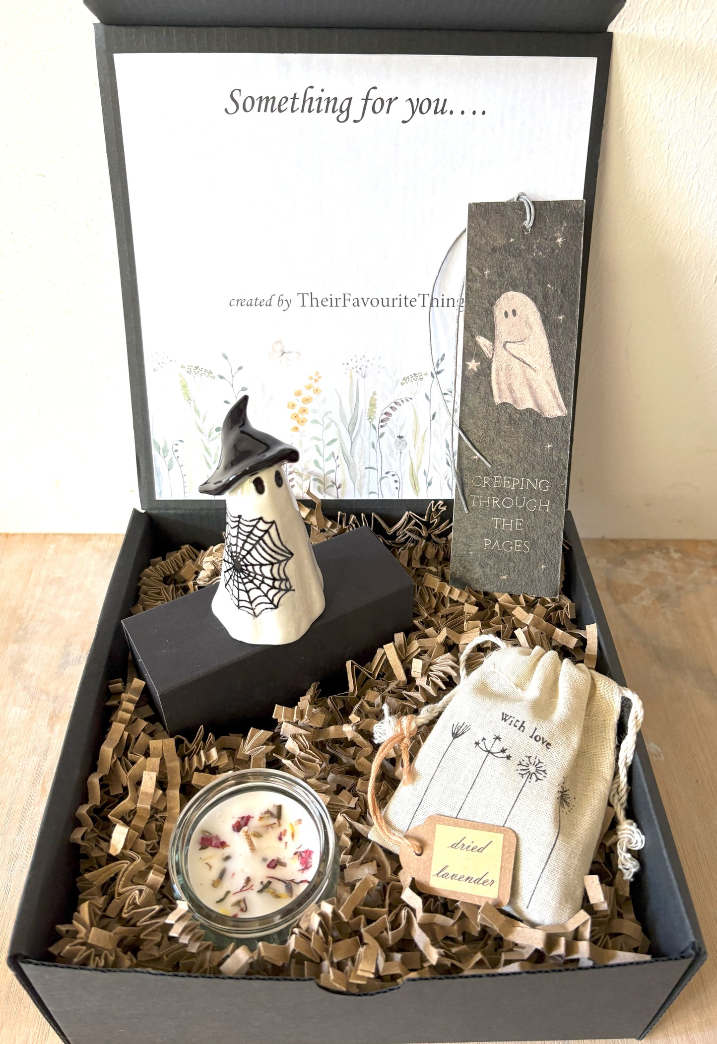 Gift Box with Ghost Witch and Black Cobweb Trick or Treat Theme Book Mark and Gifts