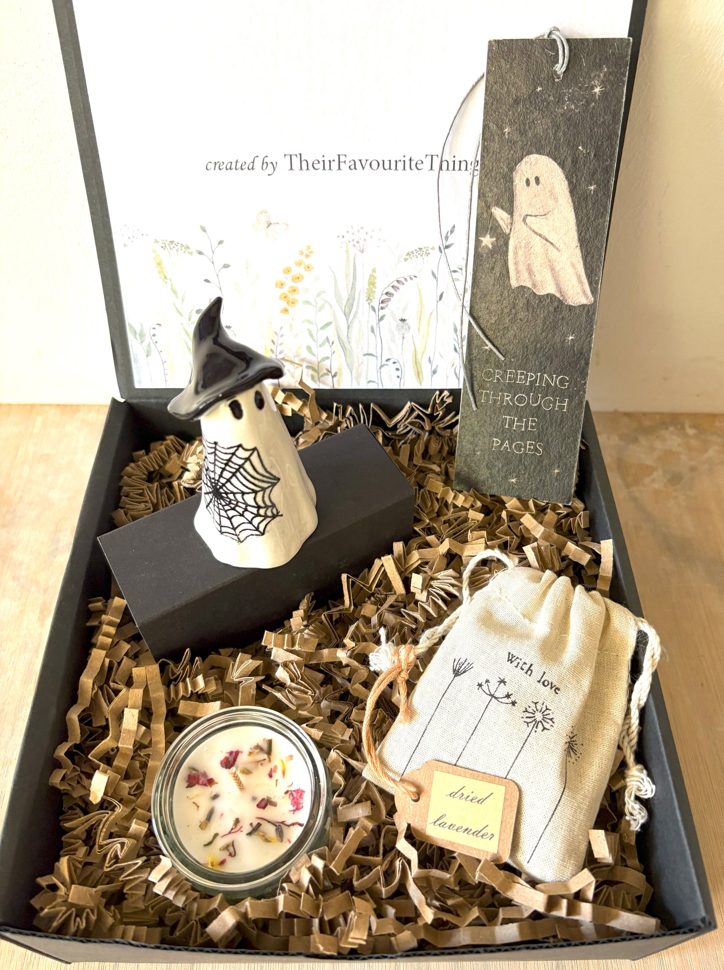 Gift Box with Ghost Witch and Black Cobweb Trick or Treat Theme Book Mark and Gifts