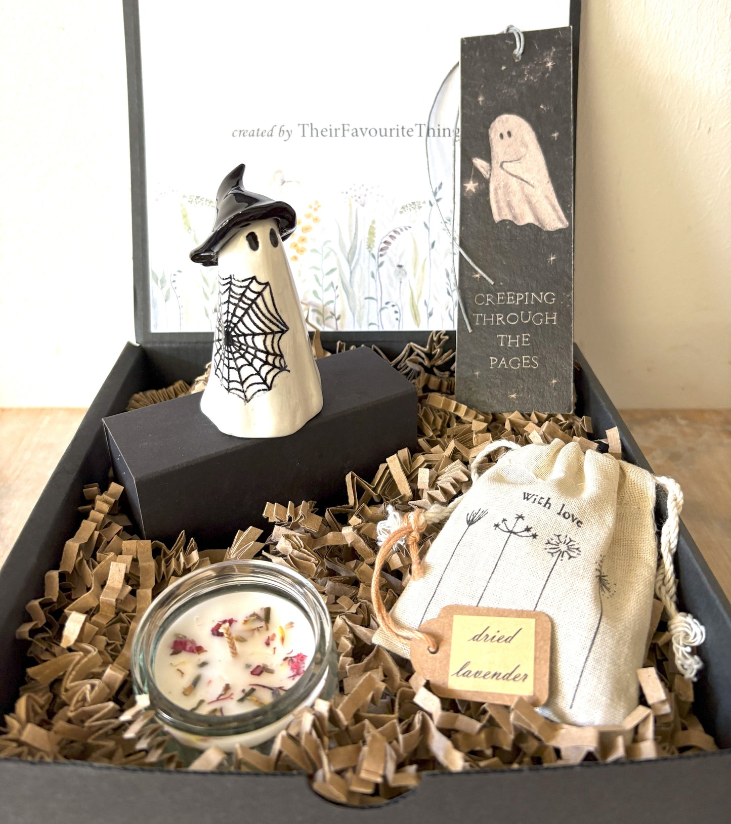 Gift Box with Ghost Witch and Black Cobweb Trick or Treat Theme Book Mark and Gifts