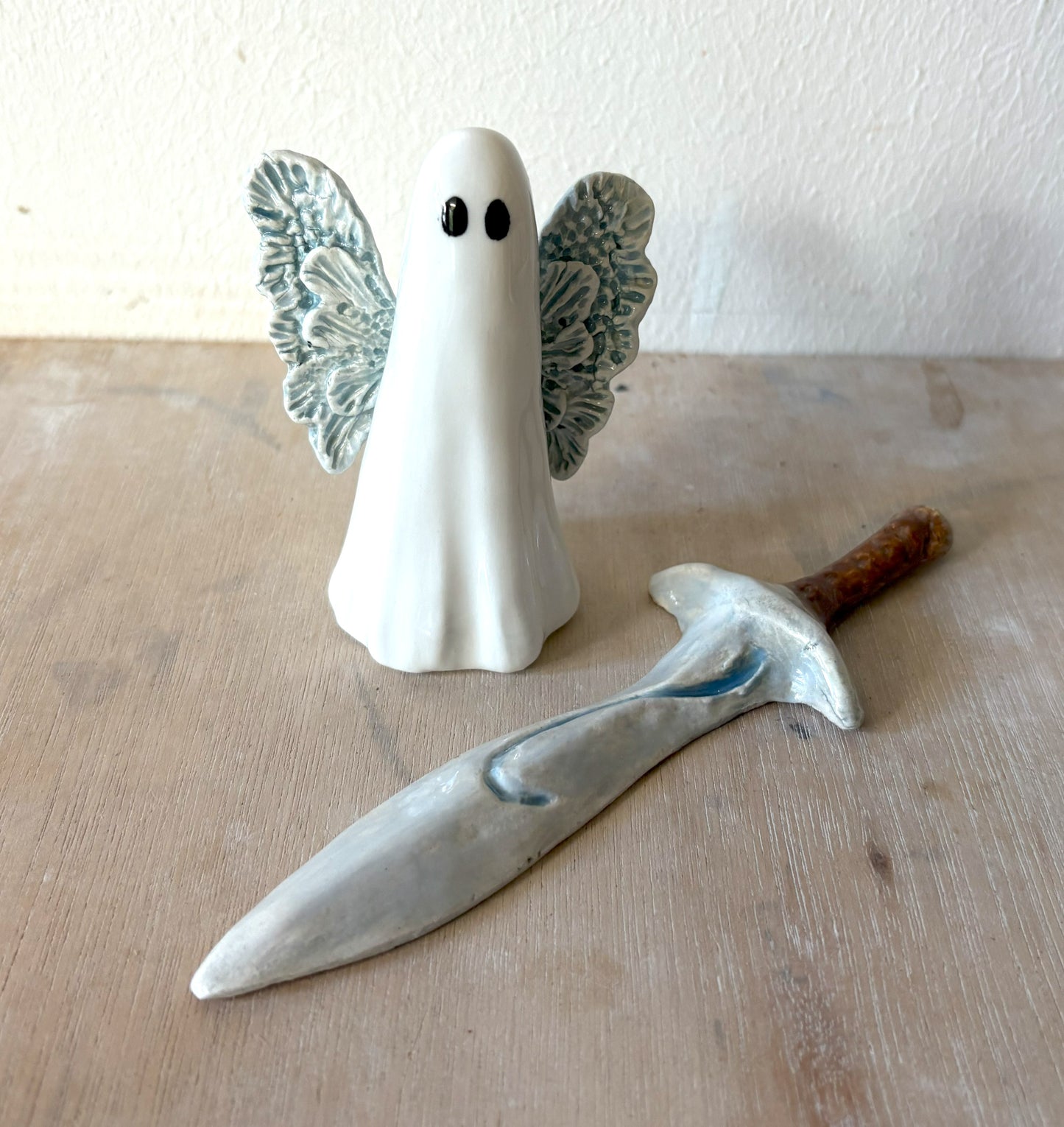 Millie's Pottery Hand Made Seabreeze Blue Wings Fantasy Ghost and Ceramic Sword Gift Set