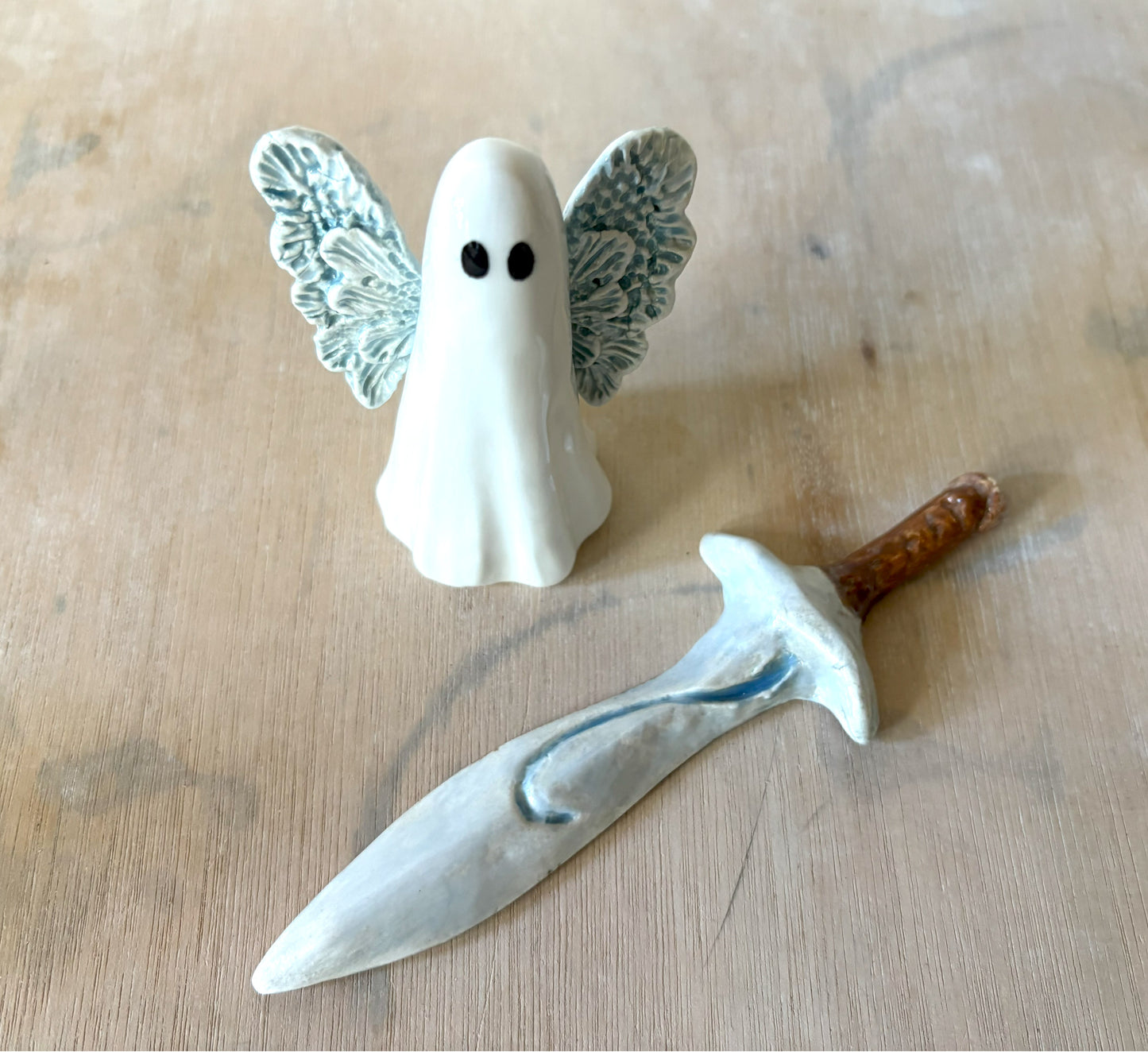Millie's Pottery Hand Made Seabreeze Blue Wings Fantasy Ghost and Ceramic Sword Gift Set