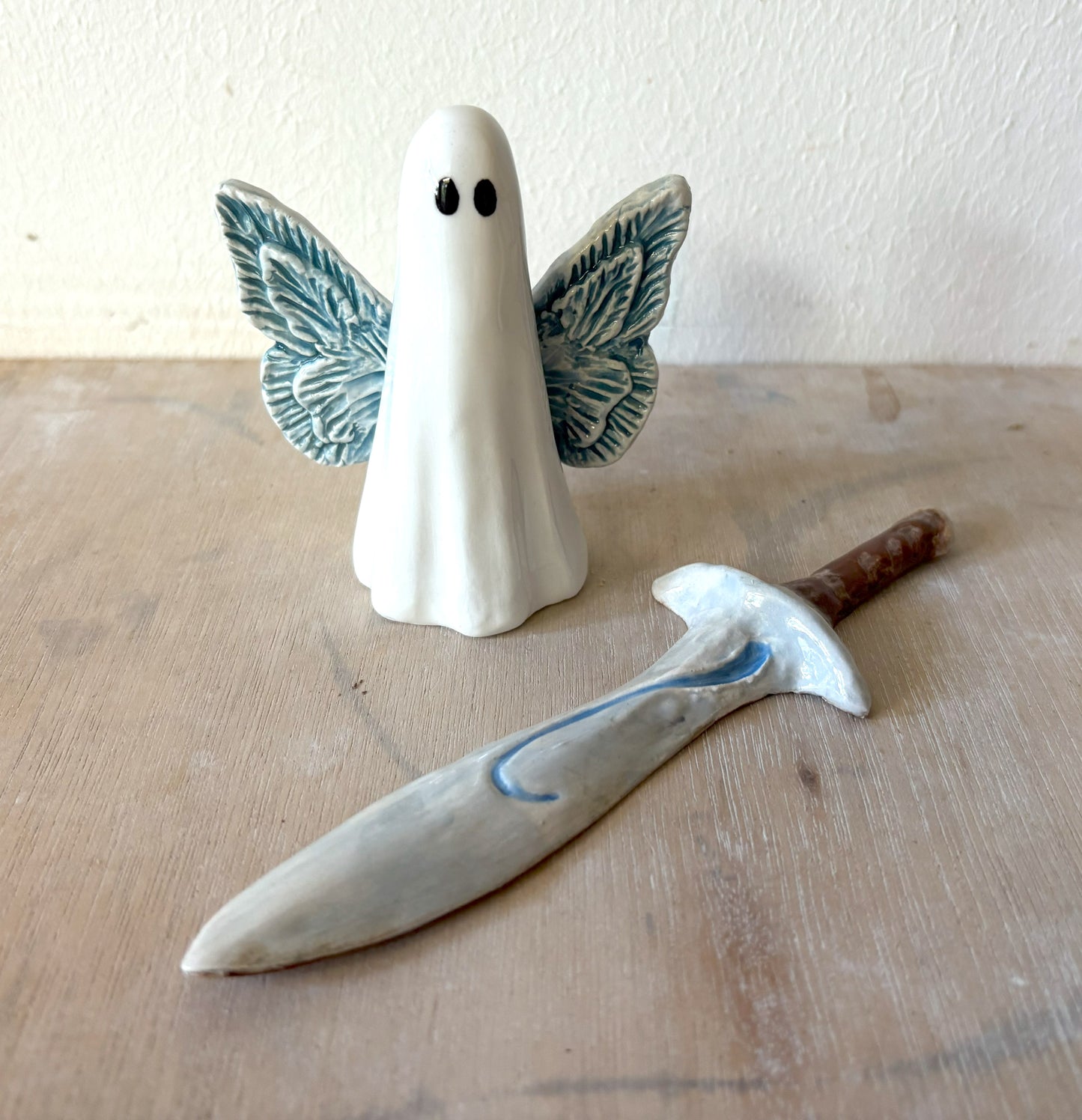 Millie's Pottery Hand Made Blue Wings Fantasy Ghost and Ceramic Sword Gift Set
