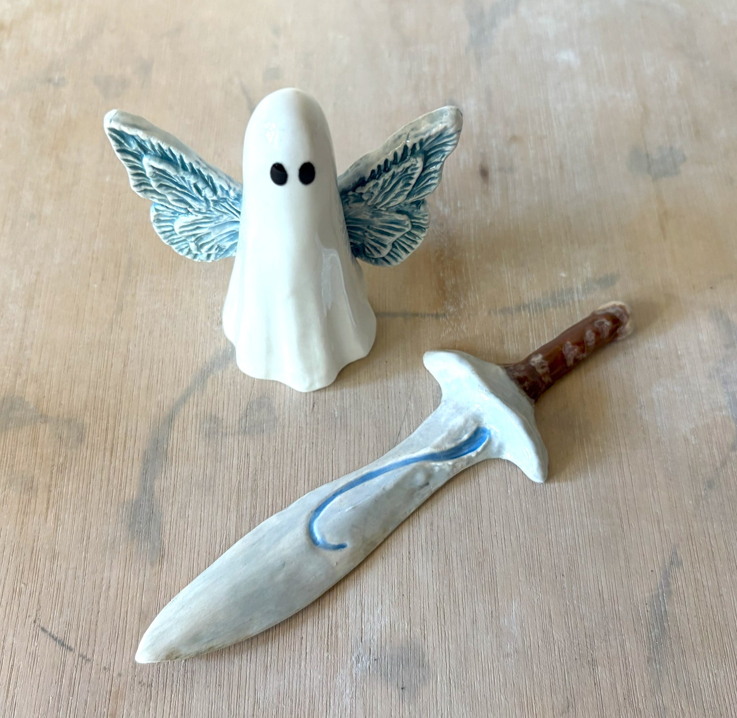 Millie's Pottery Hand Made Blue Wings Fantasy Ghost and Ceramic Sword Gift Set