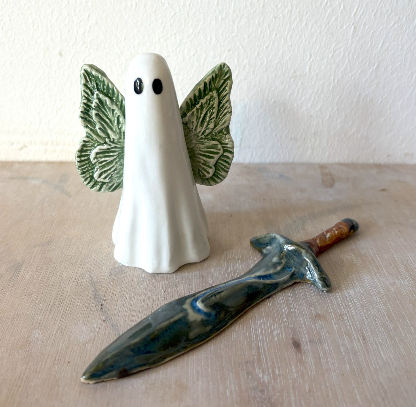 Millie's Pottery Hand Made Green Wings Fantasy Ghost and Ceramic Sword Gift Set