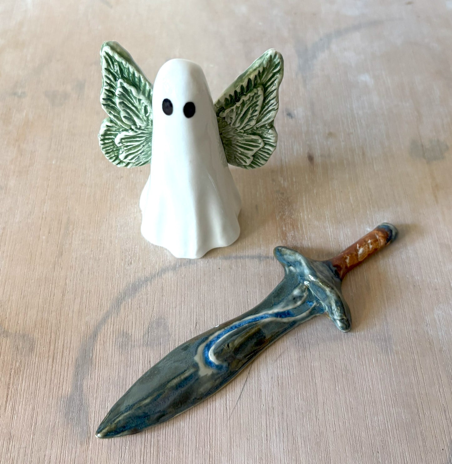 Millie's Pottery Hand Made Green Wings Fantasy Ghost and Ceramic Sword Gift Set