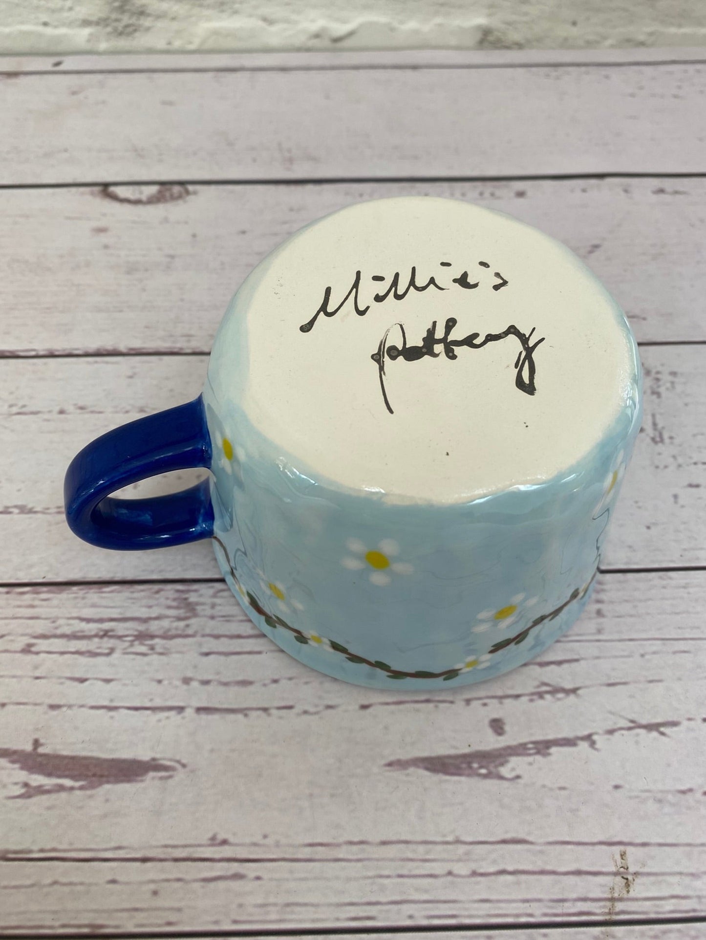 Millie's Pottery Pale Blue and Yellow Vine Leaf and White Daisies Peek-a-boo Little Ghost Mug Gift