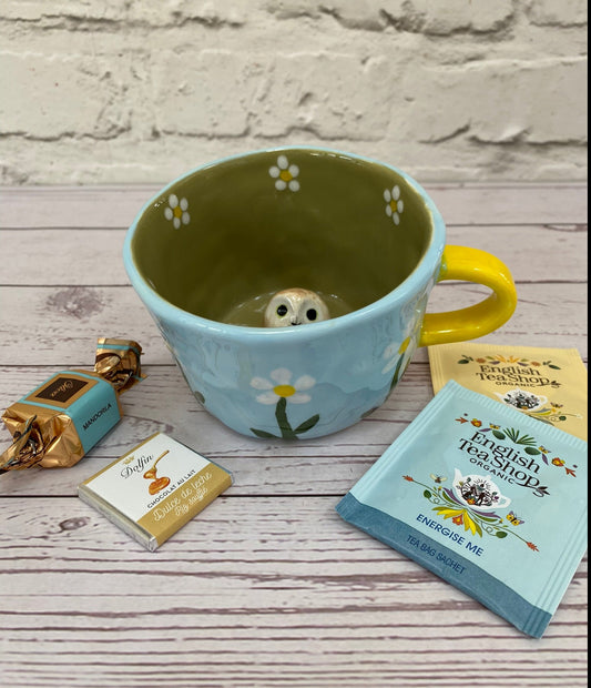 Millie's Pottery Green and Blue with Large White Daisies Peek-a-boo Little Owl Mug Gift