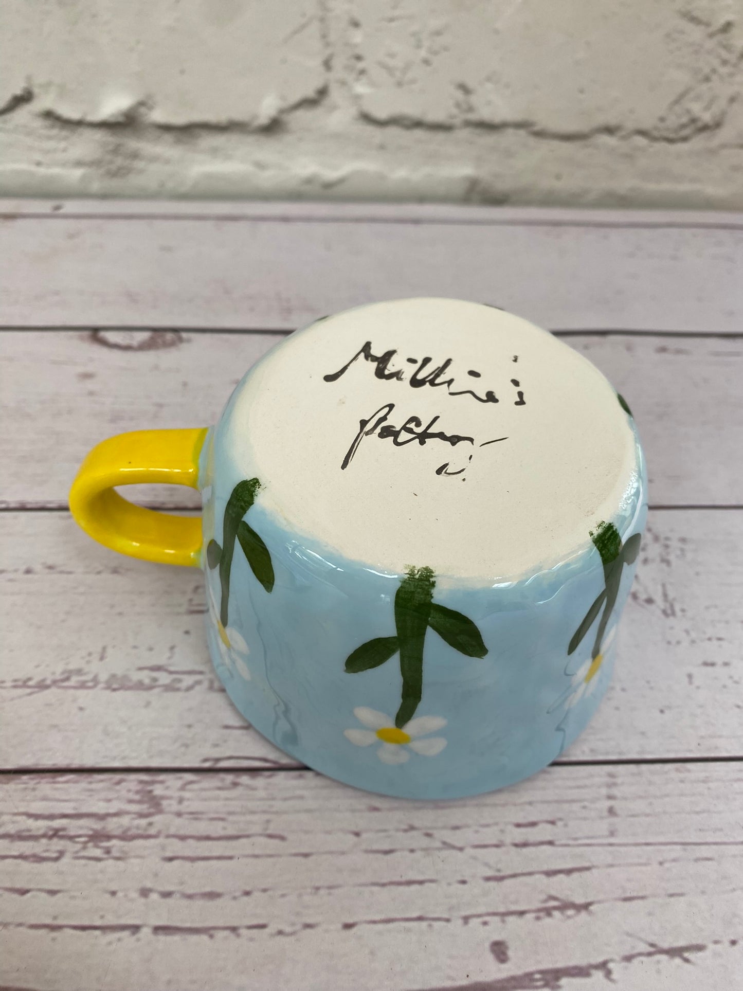 Millie's Pottery Green and Blue with Large White Daisies Peek-a-boo Little Owl Mug Gift