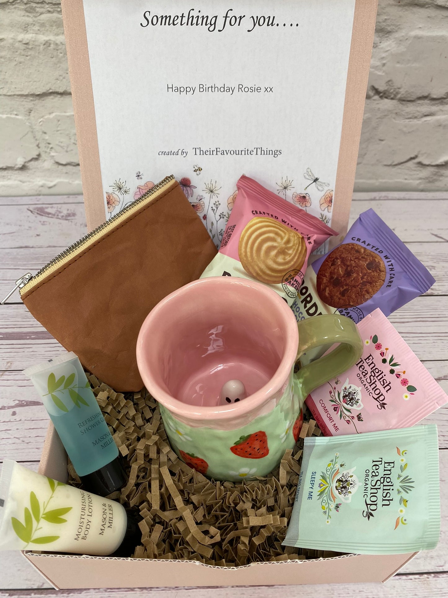 Millie's Pottery Large Tulip Mug in Pale Pink and Green with Strawberries and Peekaboo Ghost Gift Set