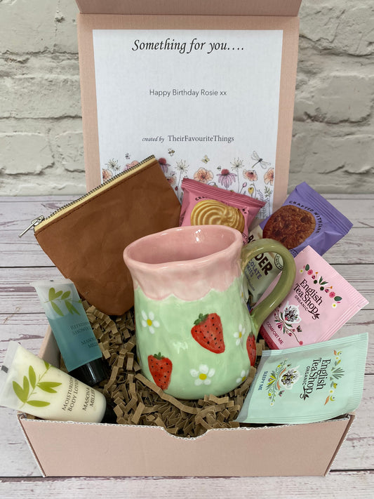 Millie's Pottery Large Tulip Mug in Pale Pink and Green with Strawberries and Peekaboo Ghost Gift Set