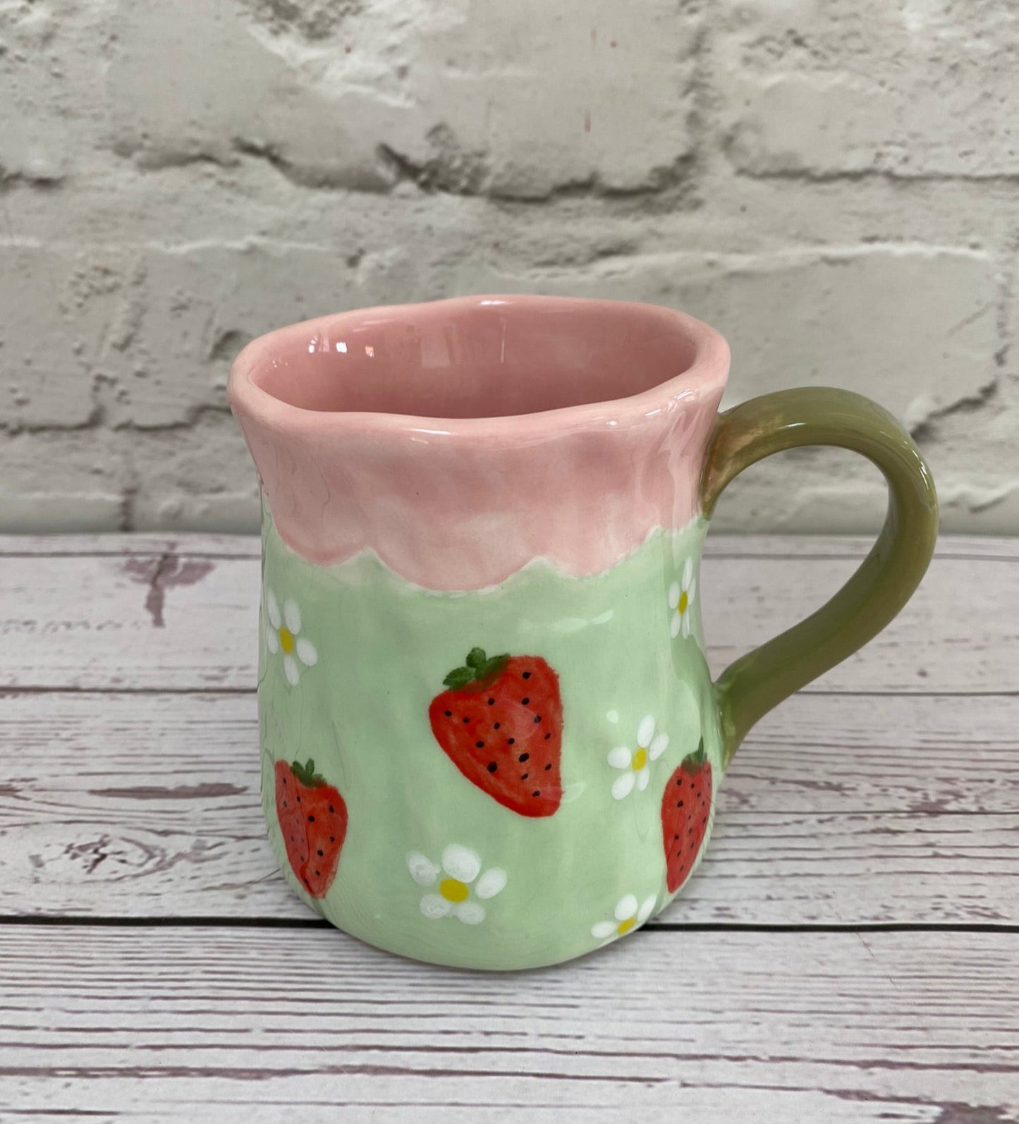 Millie's Pottery Large Tulip Mug in Pale Pink and Green with Strawberries and Peekaboo Ghost Gift Set