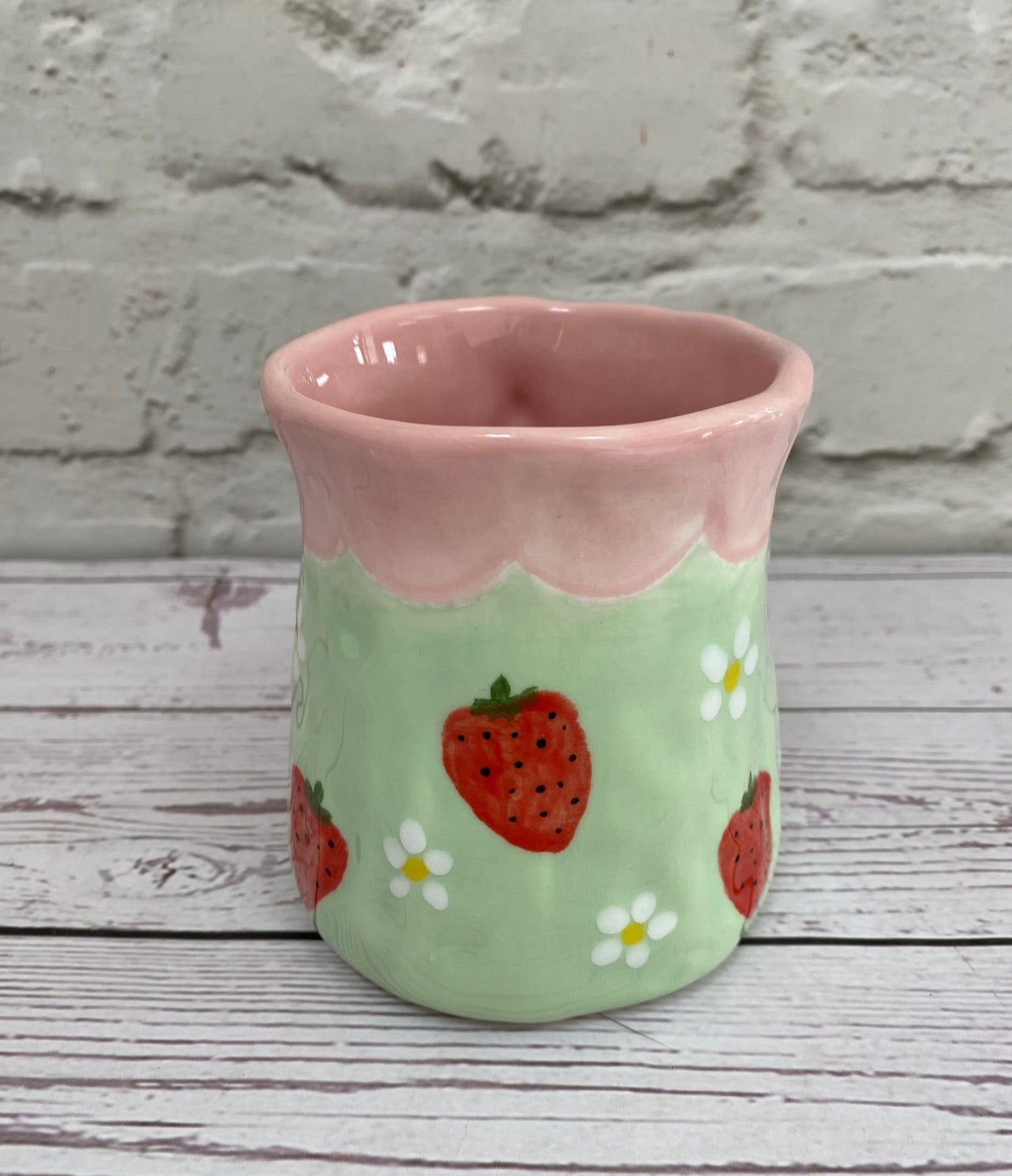 Millie's Pottery Large Tulip Mug in Pale Pink and Green with Strawberries and Peekaboo Ghost Gift Set