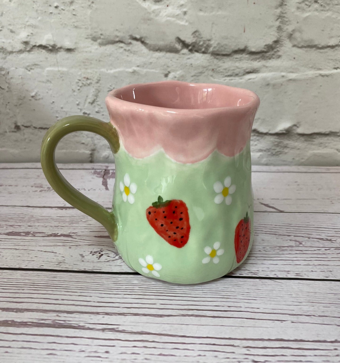 Millie's Pottery Large Tulip Mug in Pale Pink and Green with Strawberries and Peekaboo Ghost Gift Set