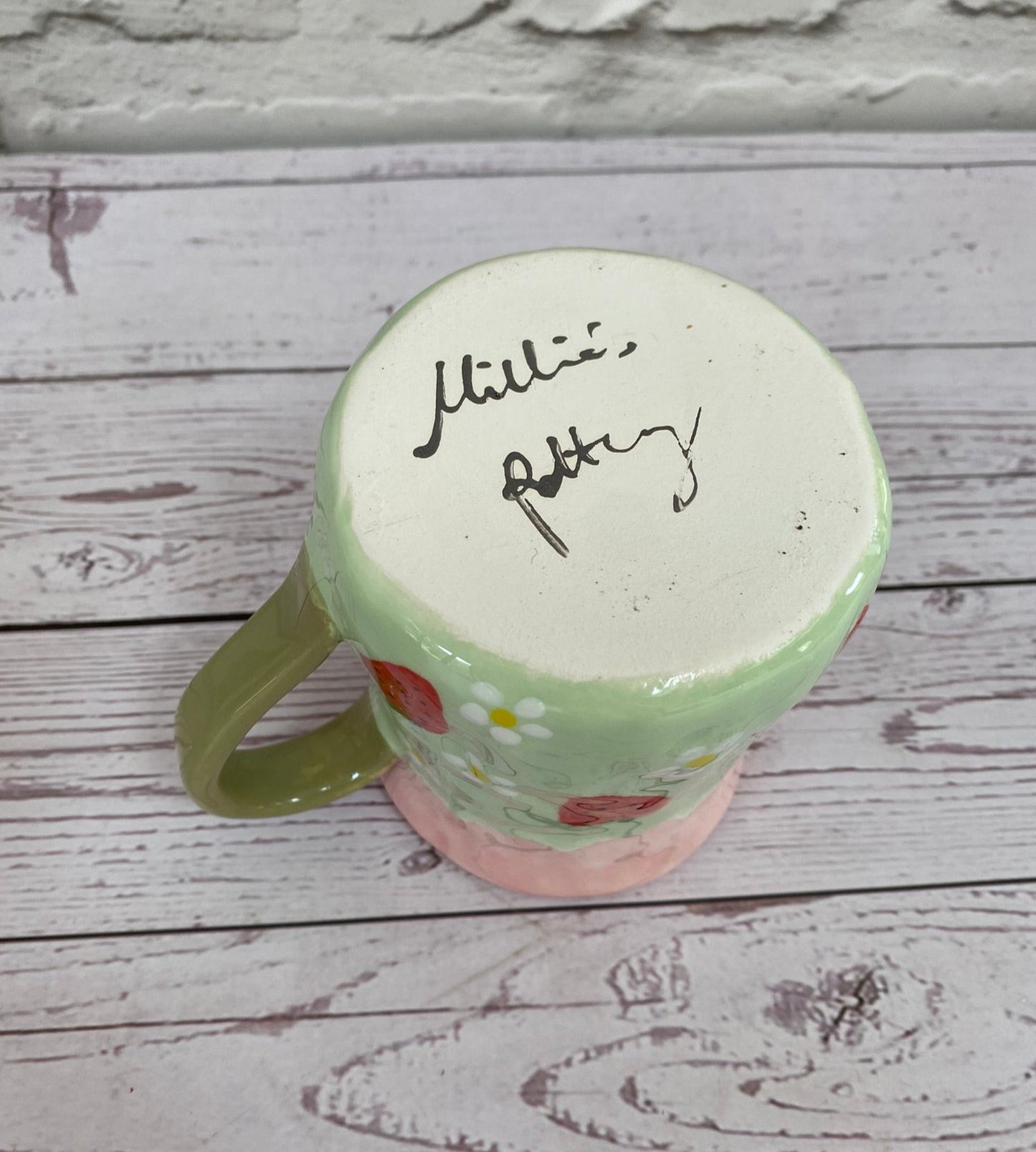 Millie's Pottery Large Tulip Mug in Pale Pink and Green with Strawberries and Peekaboo Ghost Gift Set