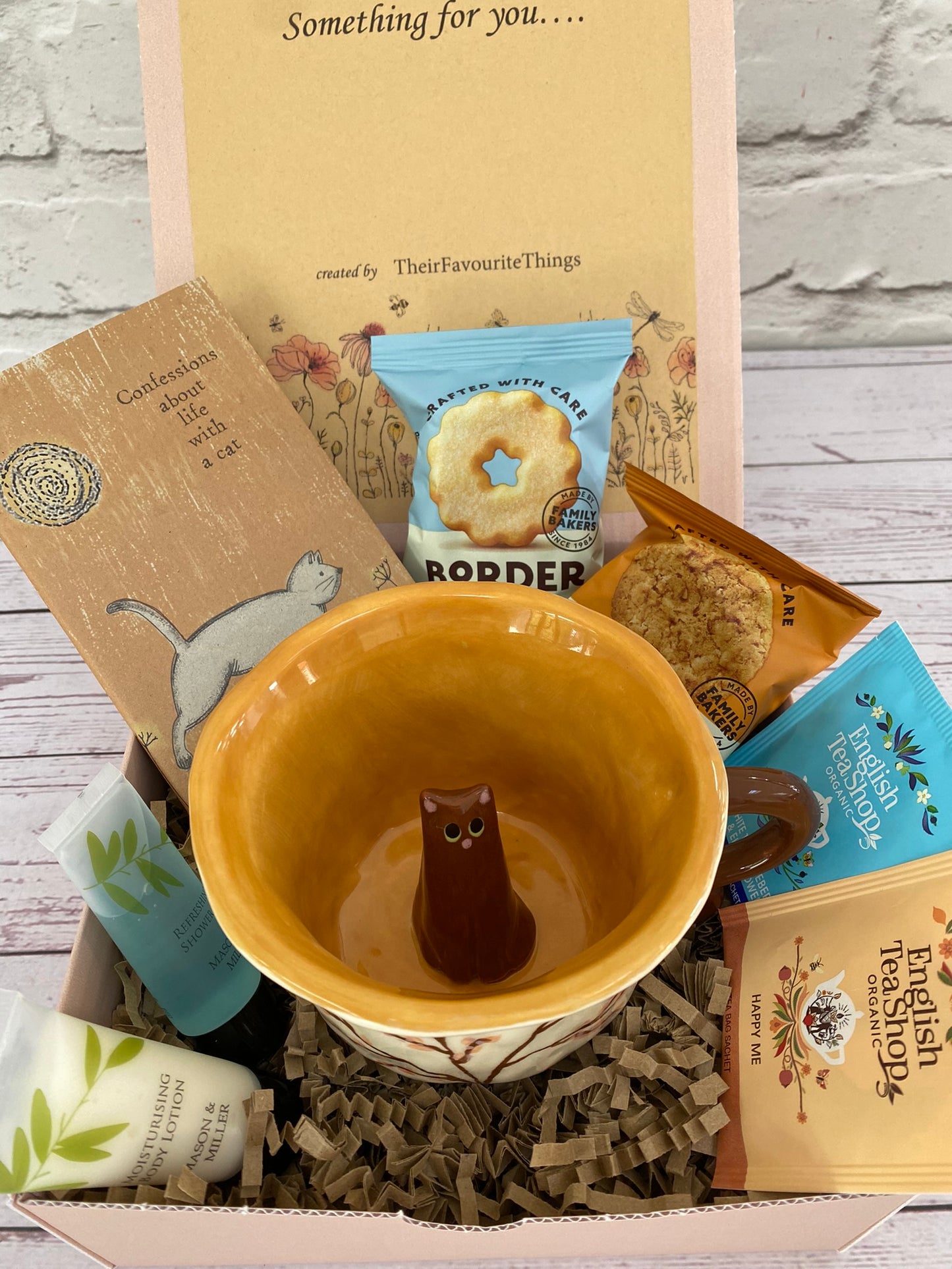 Millie's Pottery Large Butterfly and Flowers with Cute Peekaboo Brown Cat Mug Gift Set