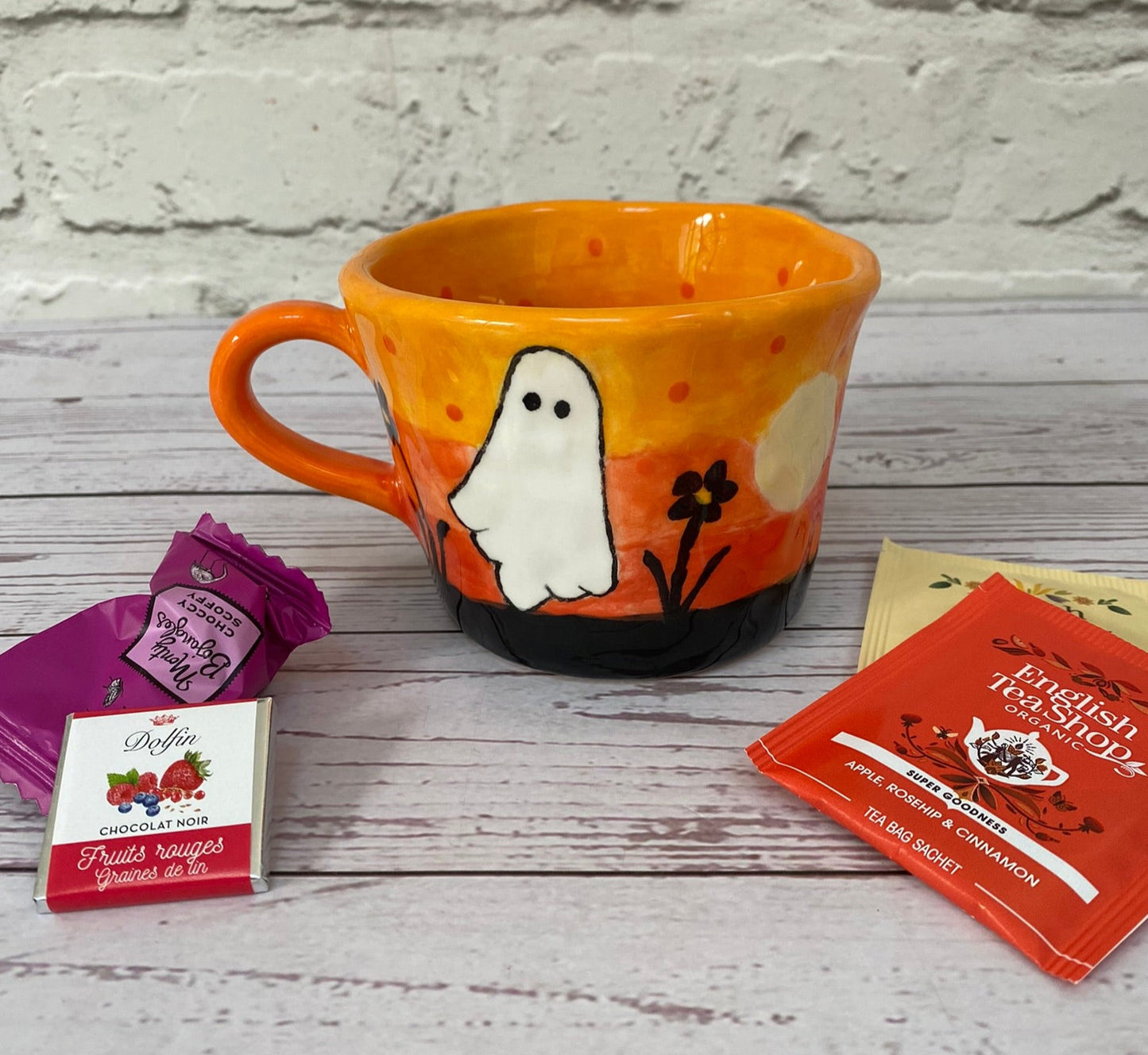 Millie's Pottery Orange Sunset Ghost with Peek-a-boo Little Ghost Mug Gift
