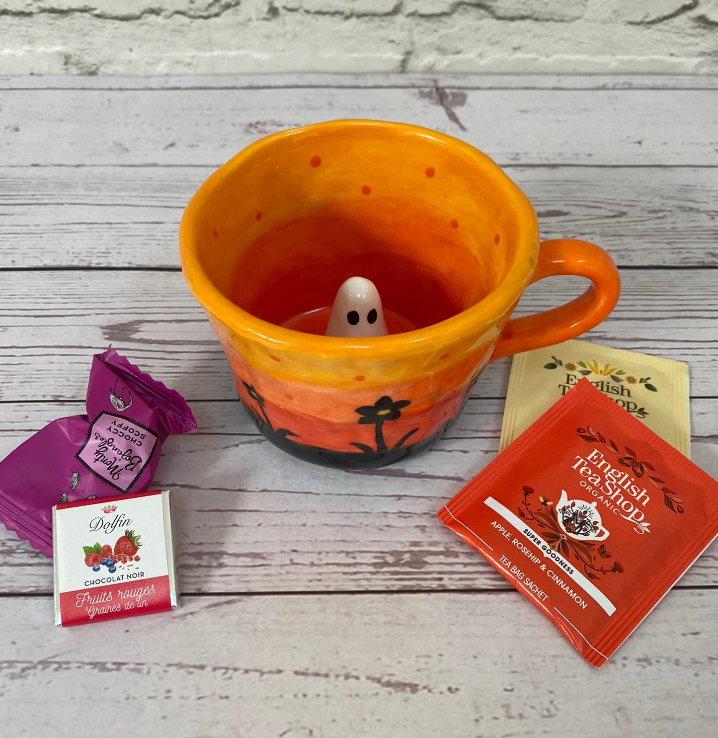 Millie's Pottery Orange Sunset Ghost with Peek-a-boo Little Ghost Mug Gift