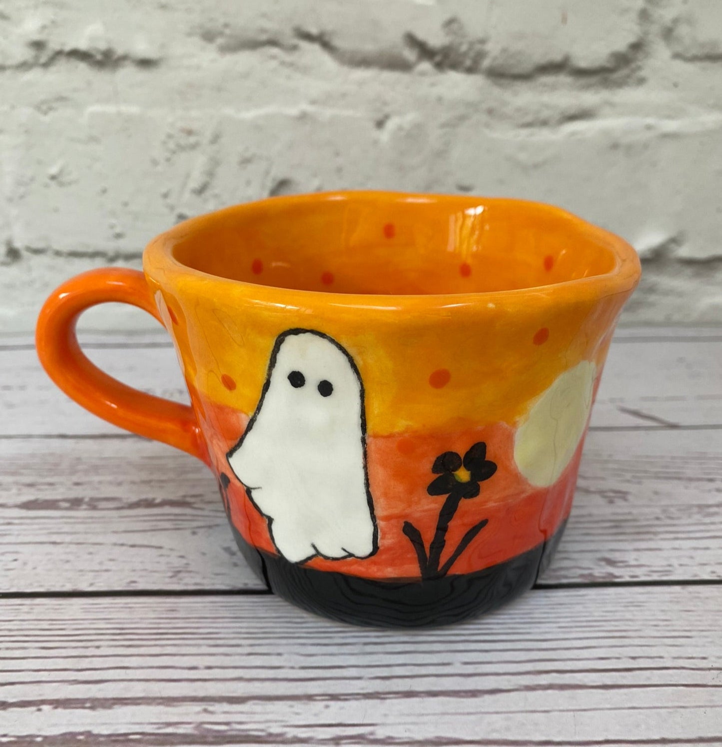 Millie's Pottery Orange Sunset Ghost with Peek-a-boo Little Ghost Mug Gift