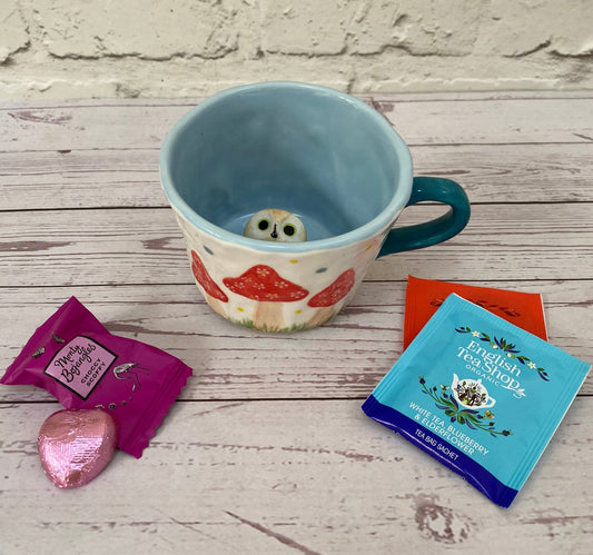Millie's Pottery Turquoise, Pink and Orange Butterfly and Fairy Toadstools Peek-a-boo Little Owl Mug Gift