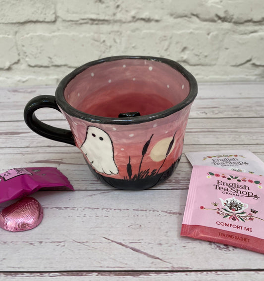 Millie's Pottery Full Moon Rising Ghost with Peek-a-boo Black Cat Mug Gift