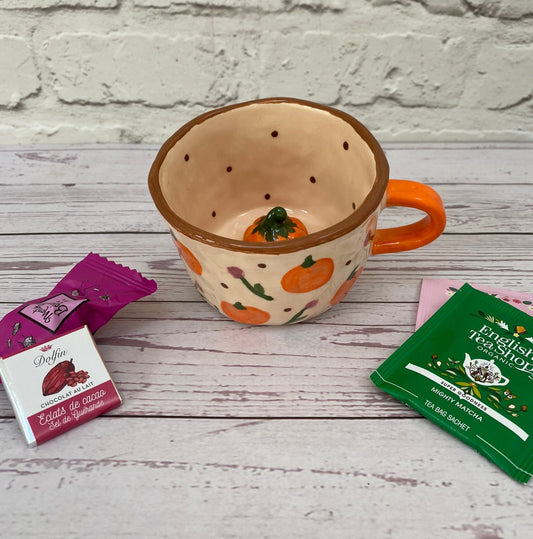 Millie's Pottery Pumpkin and Tulips on Cream Peek-a-boo Pumpkin Mug Gift