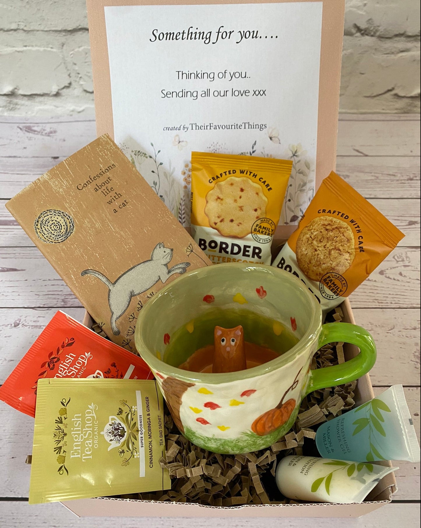 Millie's Pottery Pumpkin and Falling Leaves Peek-a-boo Caramel Cat Mug Gift Set