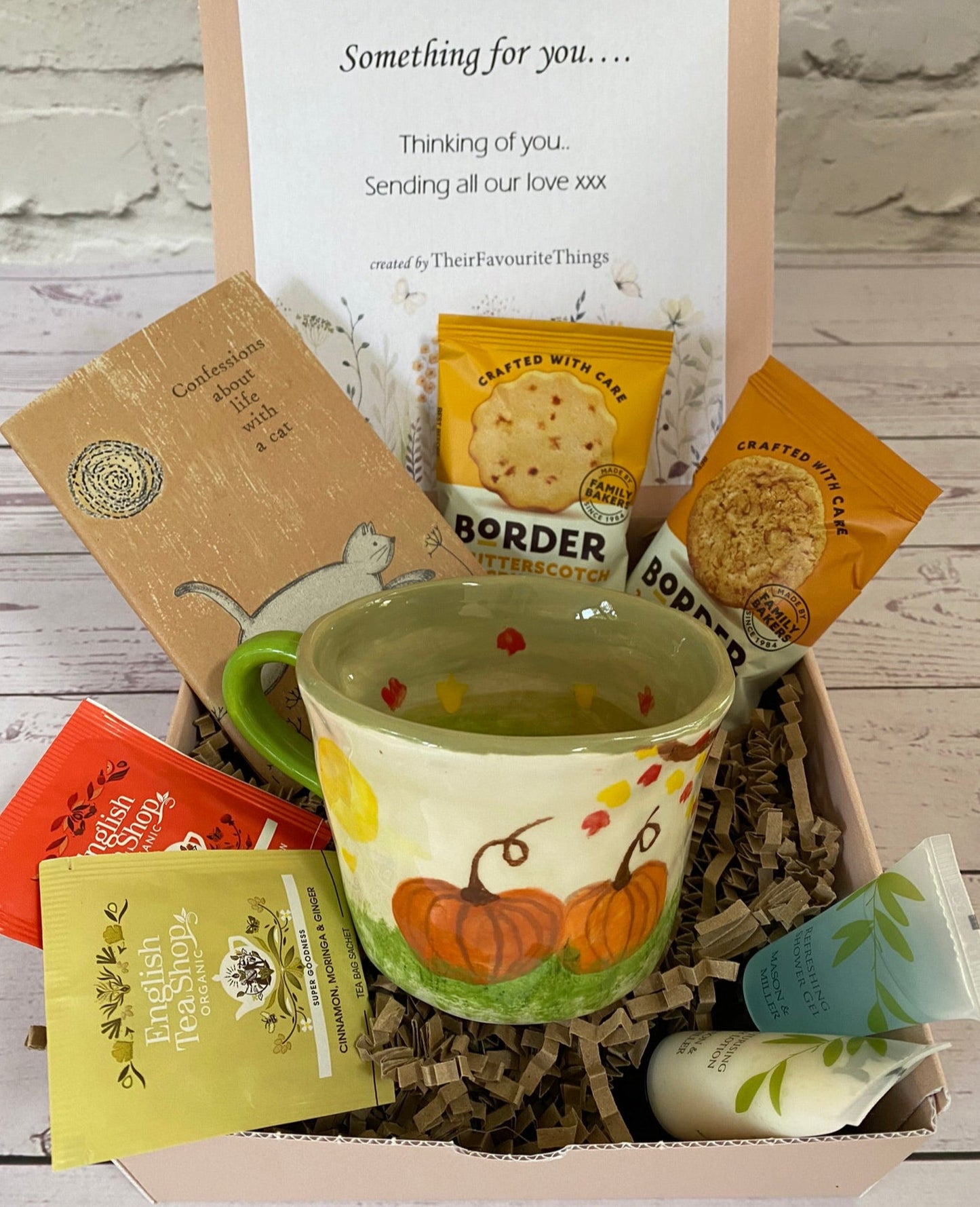 Millie's Pottery Pumpkin and Falling Leaves Peek-a-boo Caramel Cat Mug Gift Set