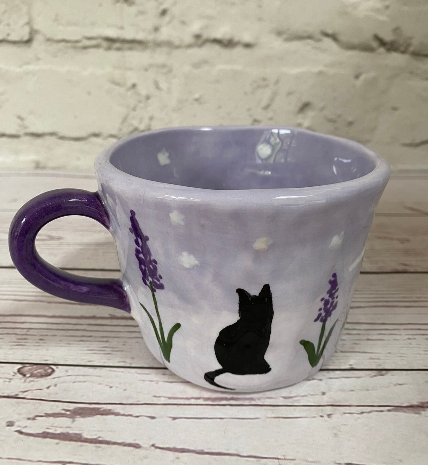 Millie's Pottery Lavender, Black Cat and Moon Peek-a-boo Cute Cat Mug Gift Set